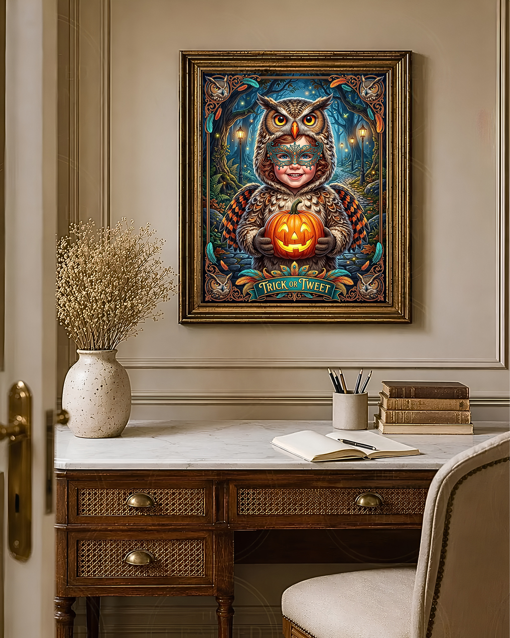 Whimsical "Trick or Tweet" Halloween | Adorable Child Owl Costume with Jack-O-Lantern | Vintage Autumn Night Family Activity (Digital Product)