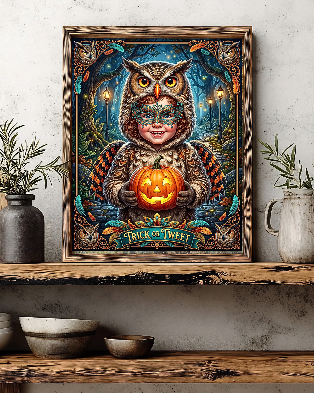 Whimsical "Trick or Tweet" Halloween | Adorable Child Owl Costume with Jack-O-Lantern | Vintage Autumn Night Family Activity (Digital Product)