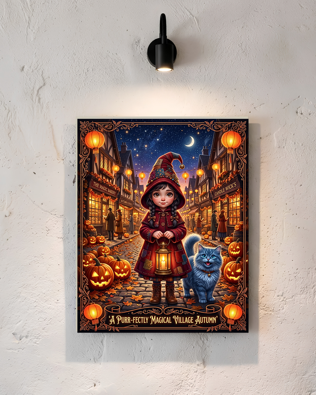 Whimsical Halloween | Purr-fectly Magical Autumn Village | Young Witch Girl and Blue Cat | Cozy Fall Jack-o'-Lantern (Digital Product)