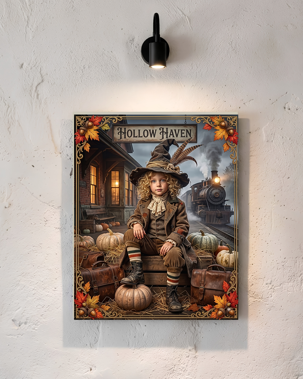 Vintage Halloween Traveler Child Design | Gothic Fall Graphic | 1900 "Hollow Haven" Train Station | Whimsical Witch Décor (Digital Product)