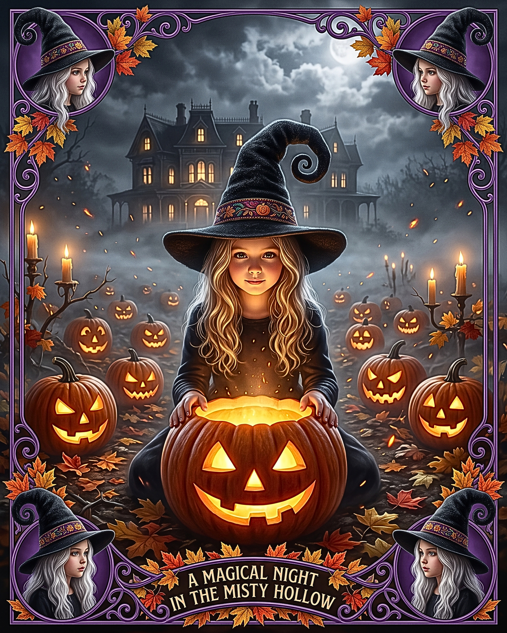A Magical Night in the Misty Hollow | Cute Halloween Witch, Glowing Jack-o'-Lanterns | Gift for Kids, Adults (Digital Product)