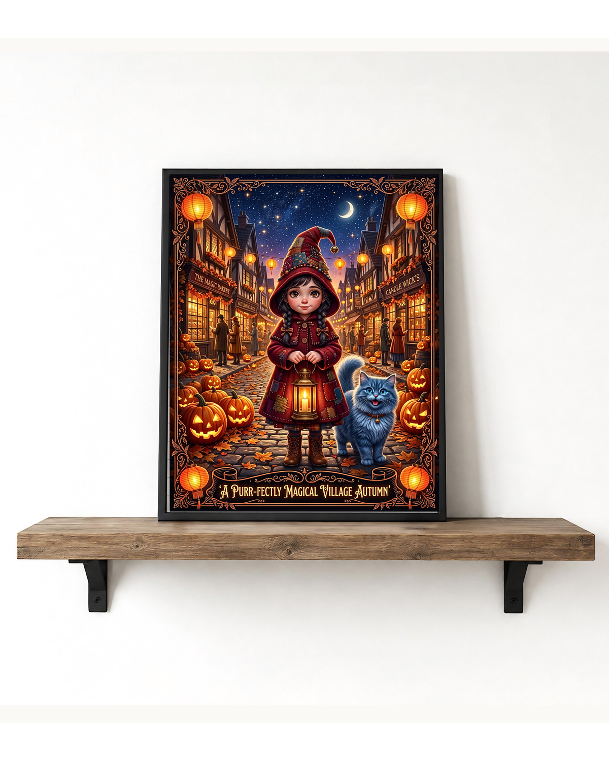 Whimsical Halloween | Purr-fectly Magical Autumn Village | Young Witch Girl and Blue Cat | Cozy Fall Jack-o'-Lantern (Digital Product)