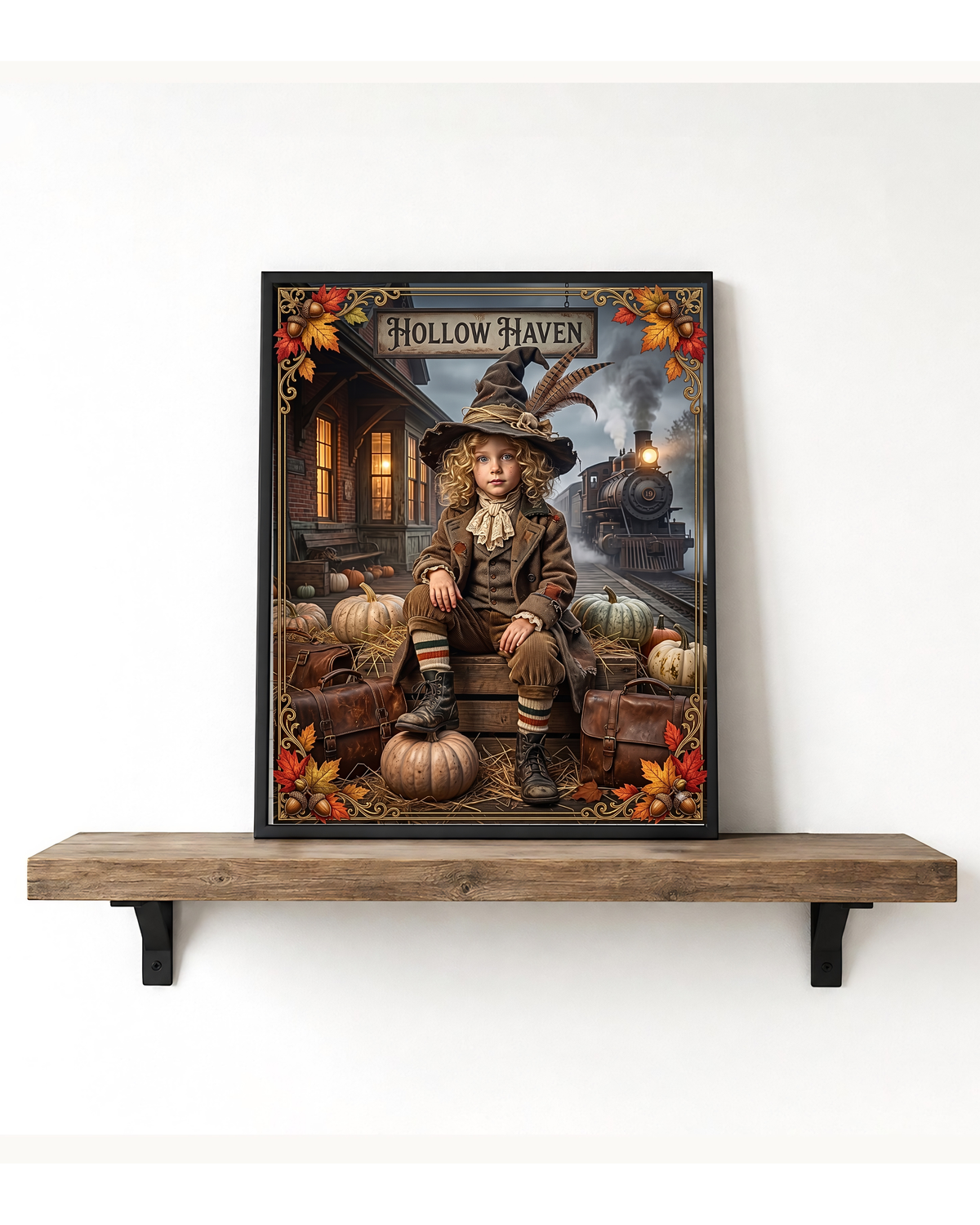 Vintage Halloween Traveler Child Design | Gothic Fall Graphic | 1900 "Hollow Haven" Train Station | Whimsical Witch Décor (Digital Product)