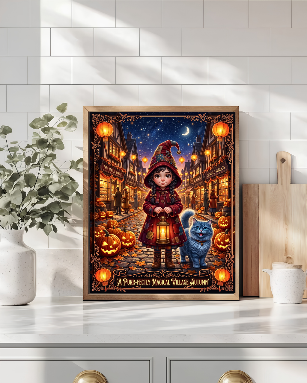 Whimsical Halloween | Purr-fectly Magical Autumn Village | Young Witch Girl and Blue Cat | Cozy Fall Jack-o'-Lantern (Digital Product)