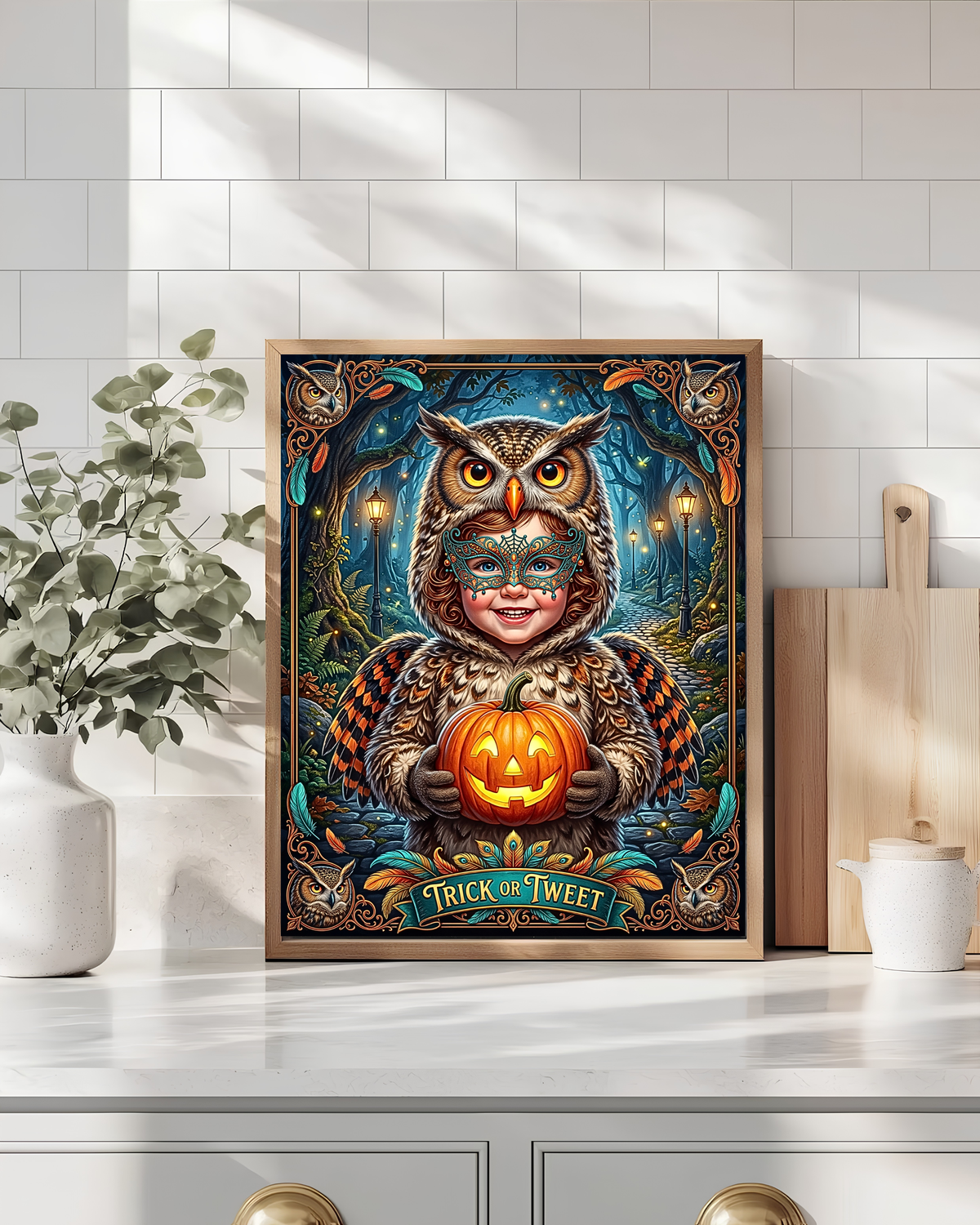 Whimsical "Trick or Tweet" Halloween | Adorable Child Owl Costume with Jack-O-Lantern | Vintage Autumn Night Family Activity (Digital Product)