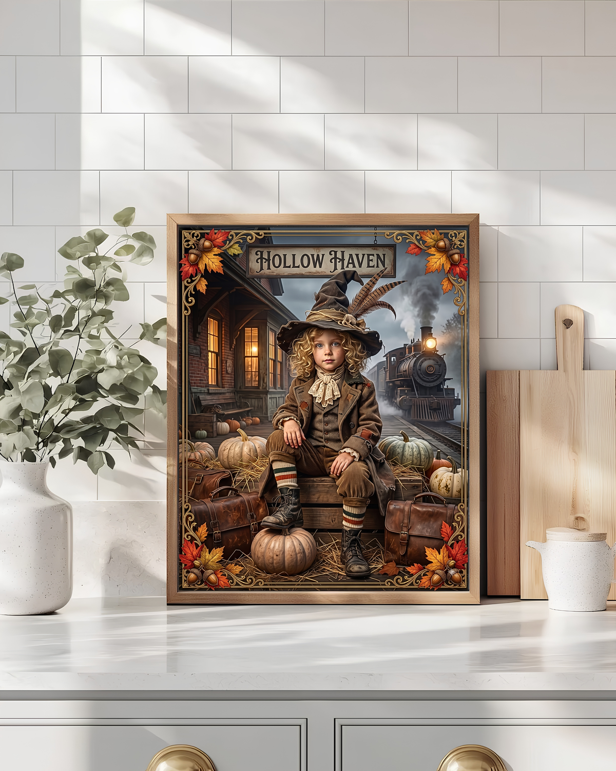 Vintage Halloween Traveler Child Design | Gothic Fall Graphic | 1900 "Hollow Haven" Train Station | Whimsical Witch Décor (Digital Product)