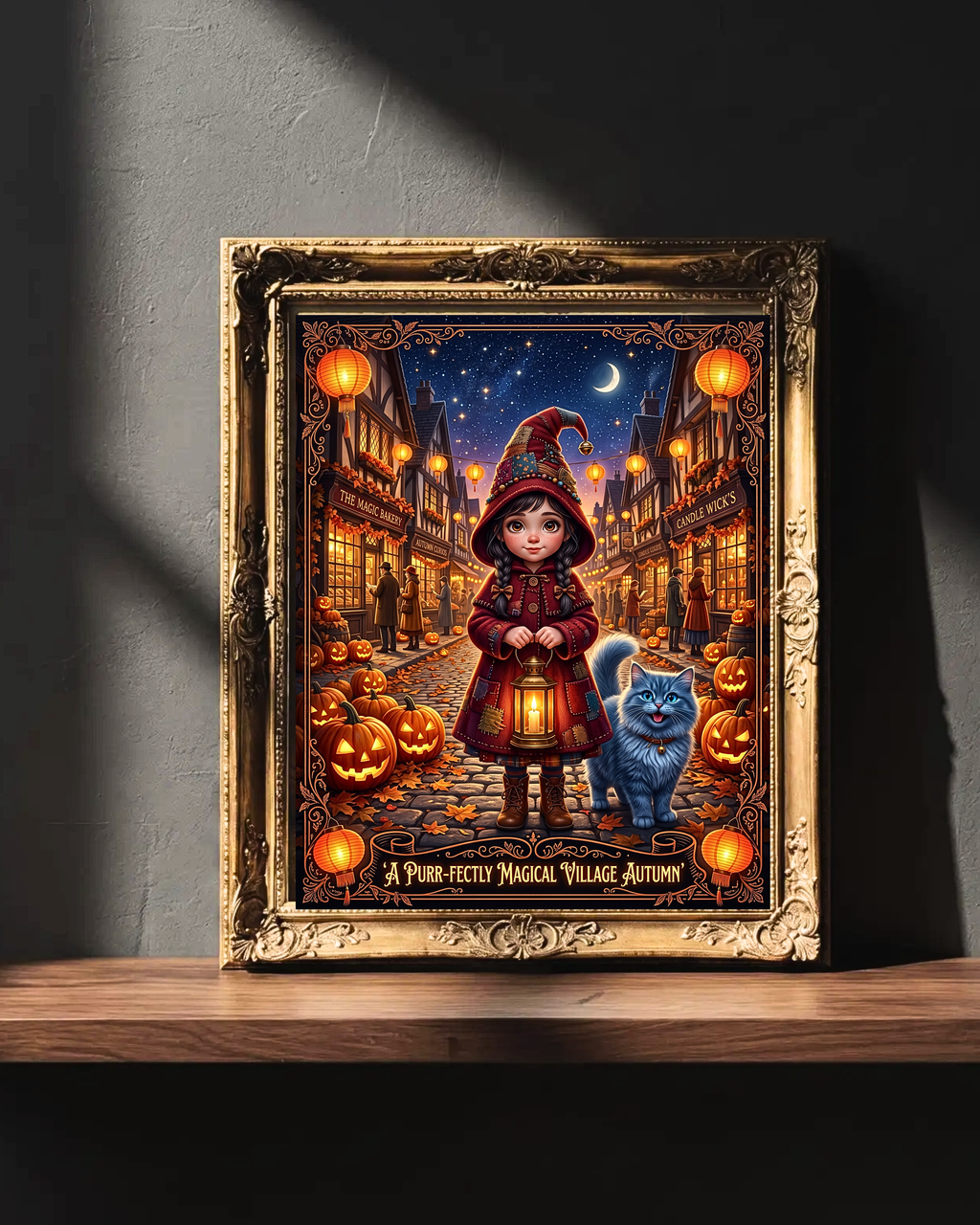 Whimsical Halloween | Purr-fectly Magical Autumn Village | Young Witch Girl and Blue Cat | Cozy Fall Jack-o'-Lantern (Digital Product)