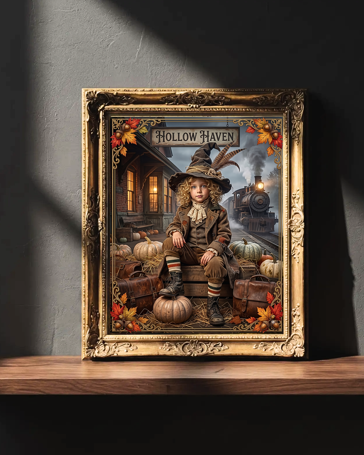 Vintage Halloween Traveler Child Design | Gothic Fall Graphic | 1900 "Hollow Haven" Train Station | Whimsical Witch Décor (Digital Product)