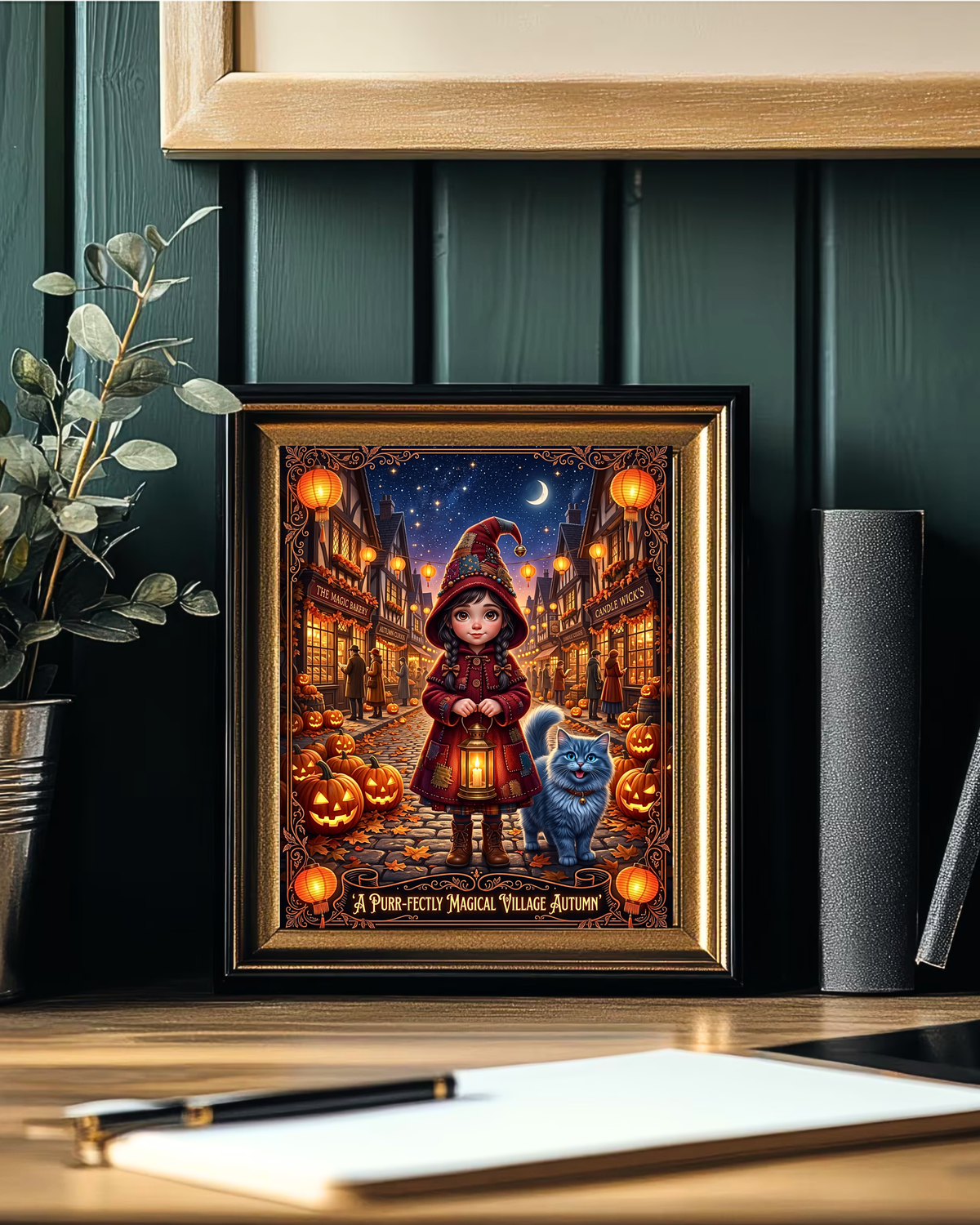 Whimsical Halloween | Purr-fectly Magical Autumn Village | Young Witch Girl and Blue Cat | Cozy Fall Jack-o'-Lantern (Digital Product)