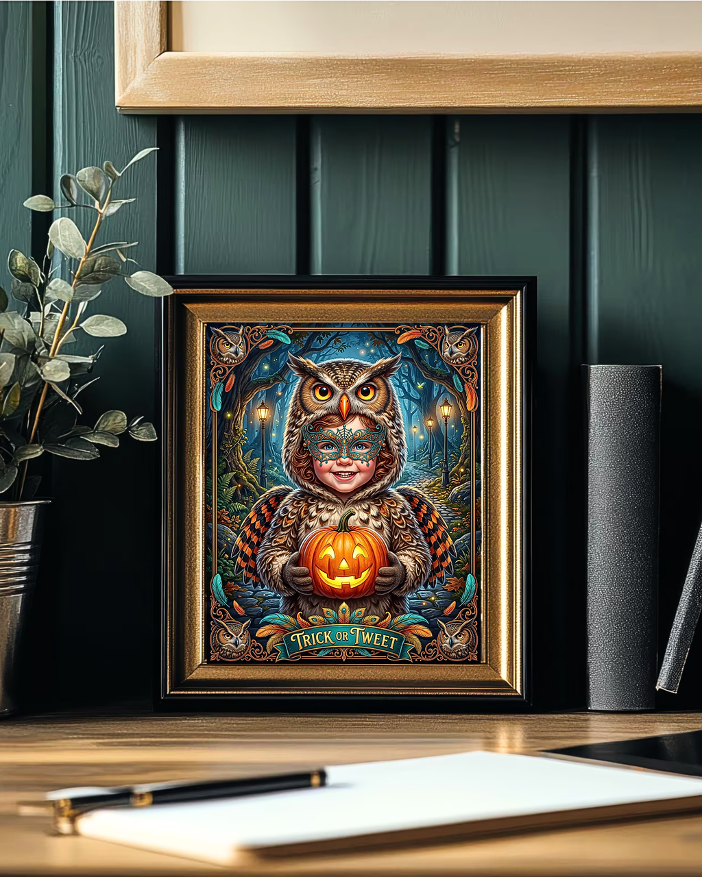 Whimsical "Trick or Tweet" Halloween | Adorable Child Owl Costume with Jack-O-Lantern | Vintage Autumn Night Family Activity (Digital Product)