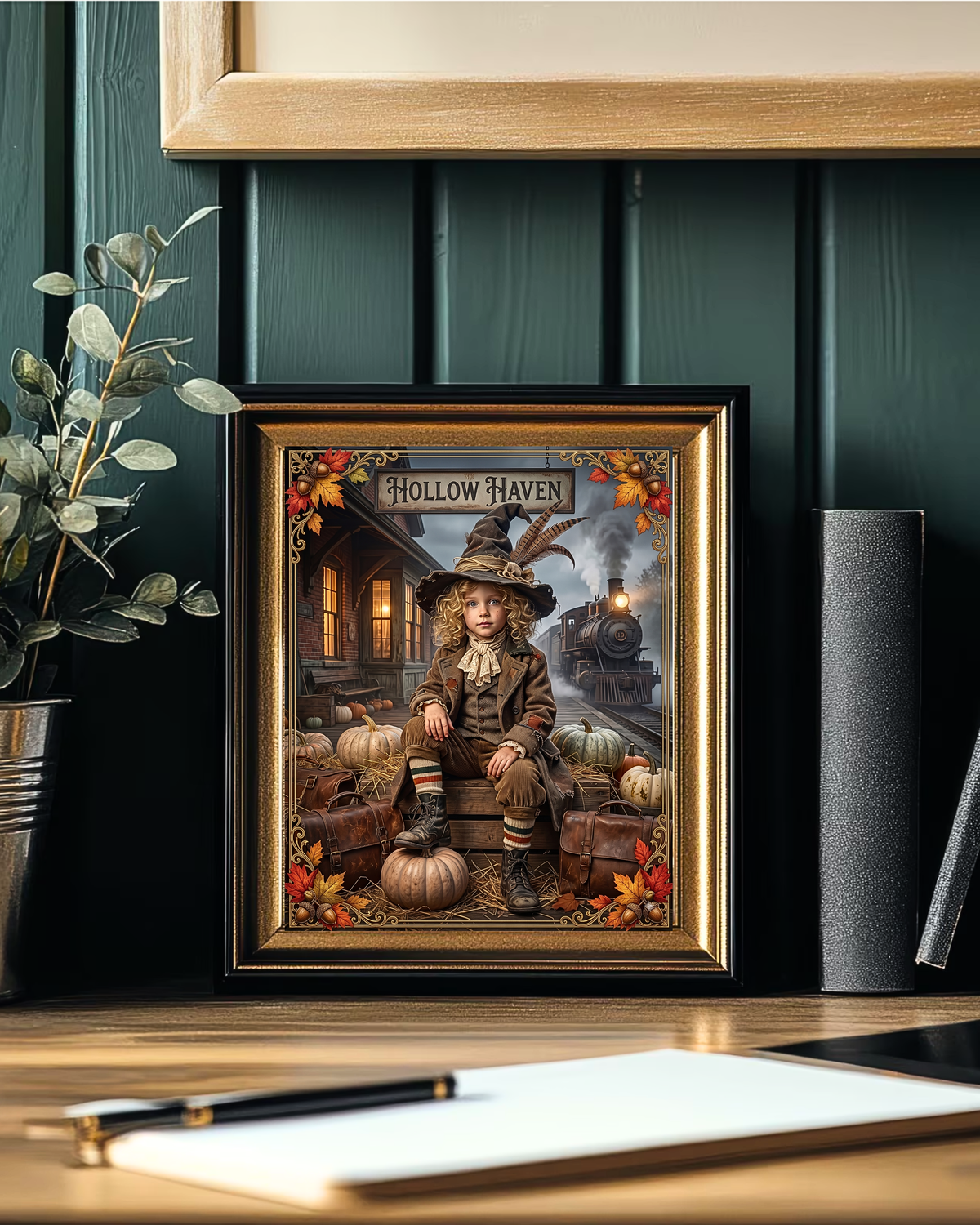 Vintage Halloween Traveler Child Design | Gothic Fall Graphic | 1900 "Hollow Haven" Train Station | Whimsical Witch Décor (Digital Product)