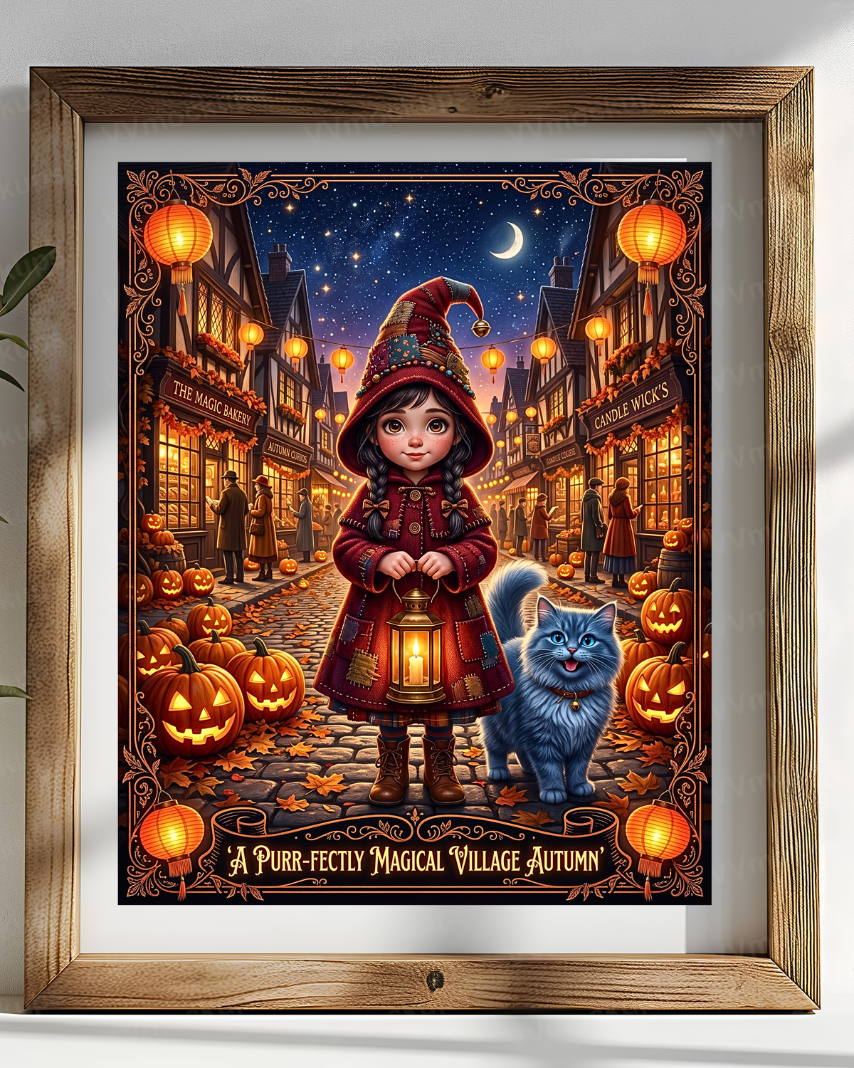 Whimsical Halloween | Purr-fectly Magical Autumn Village | Young Witch Girl and Blue Cat | Cozy Fall Jack-o'-Lantern (Digital Product)