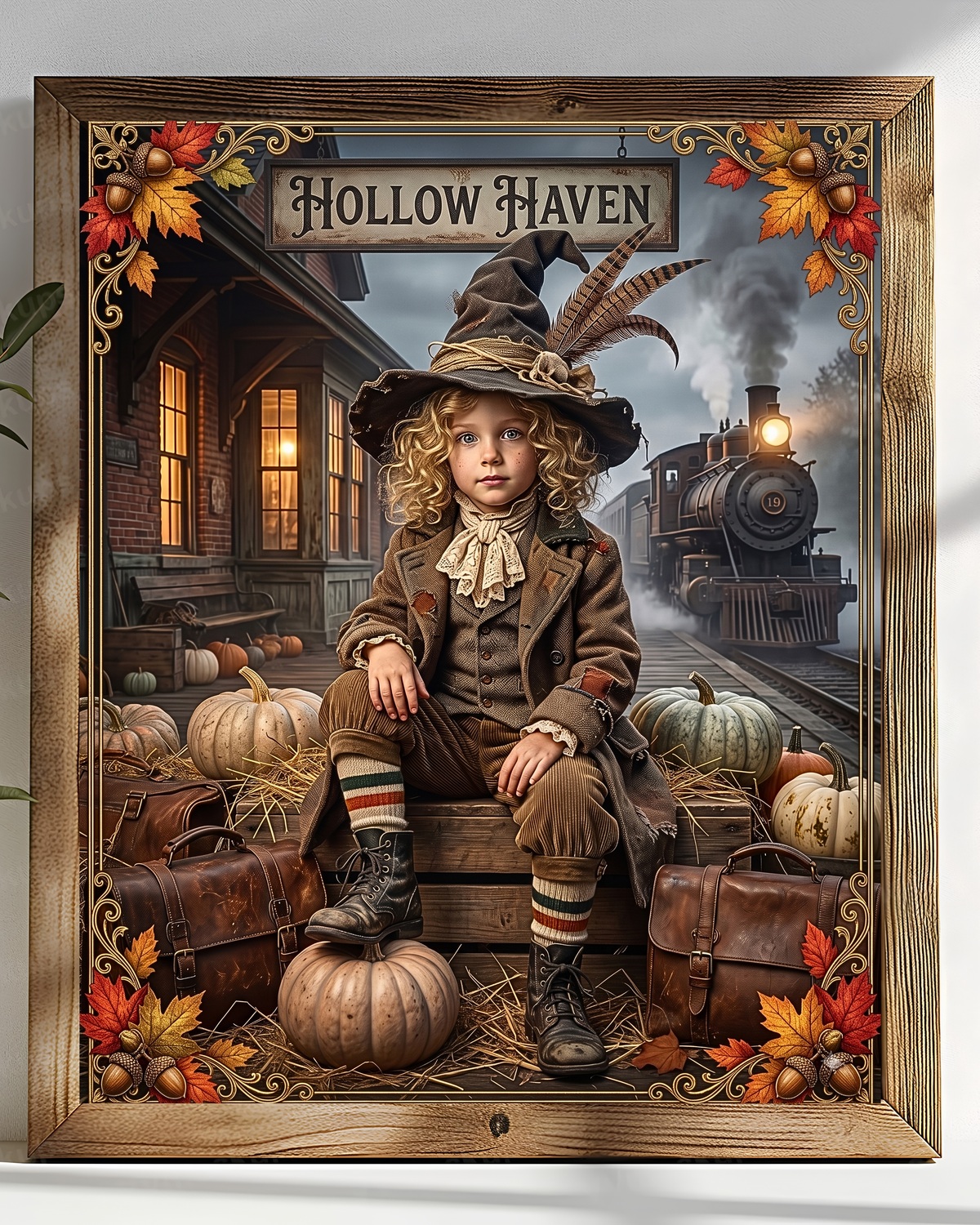 Vintage Halloween Traveler Child Design | Gothic Fall Graphic | 1900 "Hollow Haven" Train Station | Whimsical Witch Décor (Digital Product)
