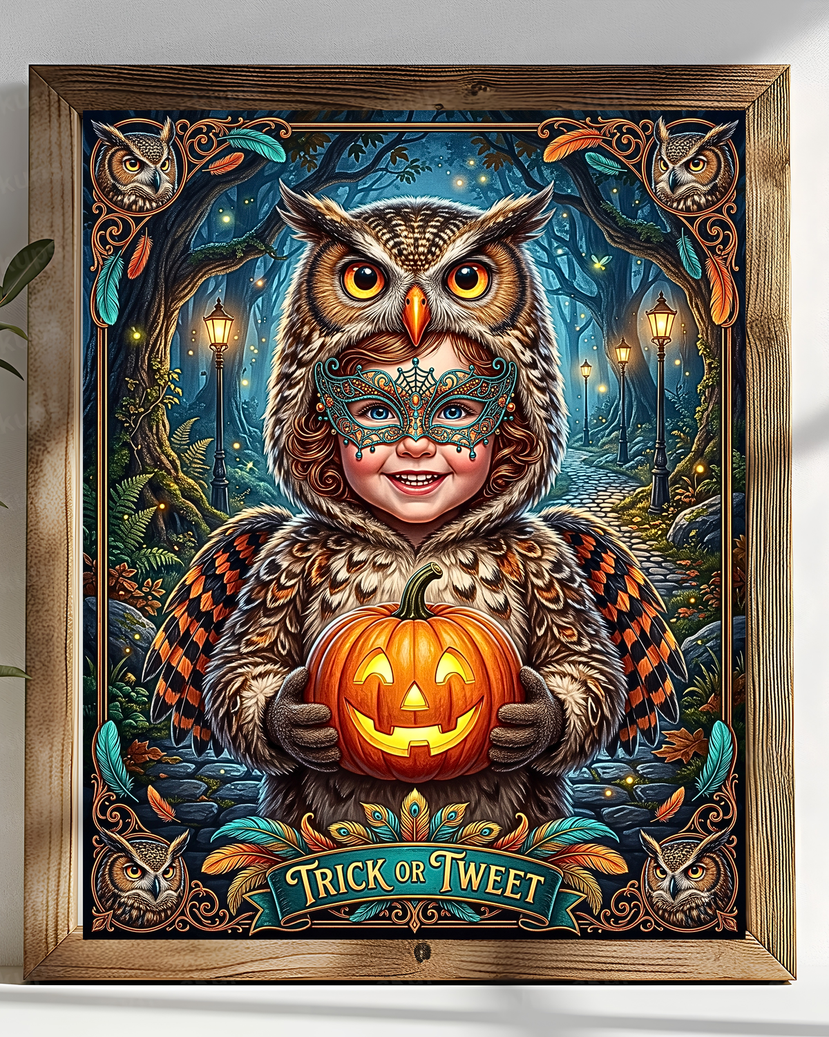 Whimsical "Trick or Tweet" Halloween | Adorable Child Owl Costume with Jack-O-Lantern | Vintage Autumn Night Family Activity (Digital Product)