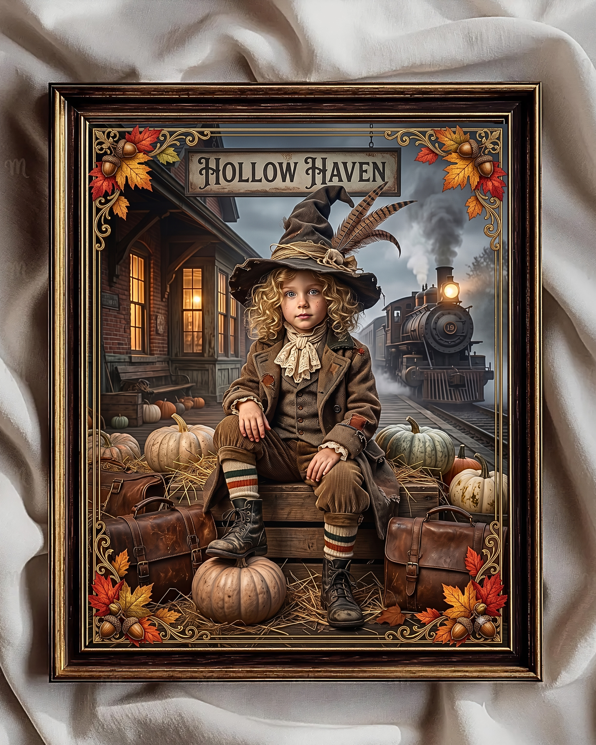 Vintage Halloween Traveler Child Design | Gothic Fall Graphic | 1900 "Hollow Haven" Train Station | Whimsical Witch Décor (Digital Product)