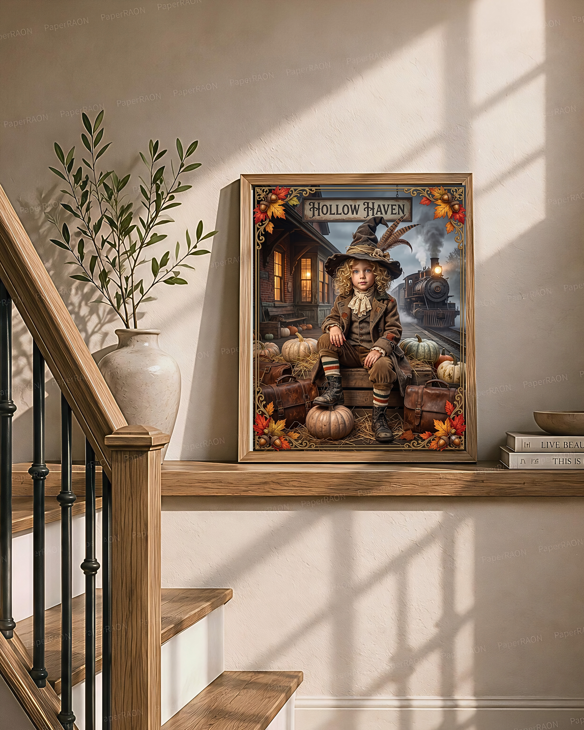 Vintage Halloween Traveler Child Design | Gothic Fall Graphic | 1900 "Hollow Haven" Train Station | Whimsical Witch Décor (Digital Product)