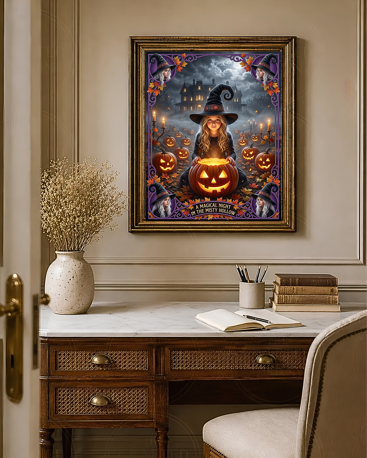 A Magical Night in the Misty Hollow | Cute Halloween Witch, Glowing Jack-o'-Lanterns | Gift for Kids, Adults (Digital Product)