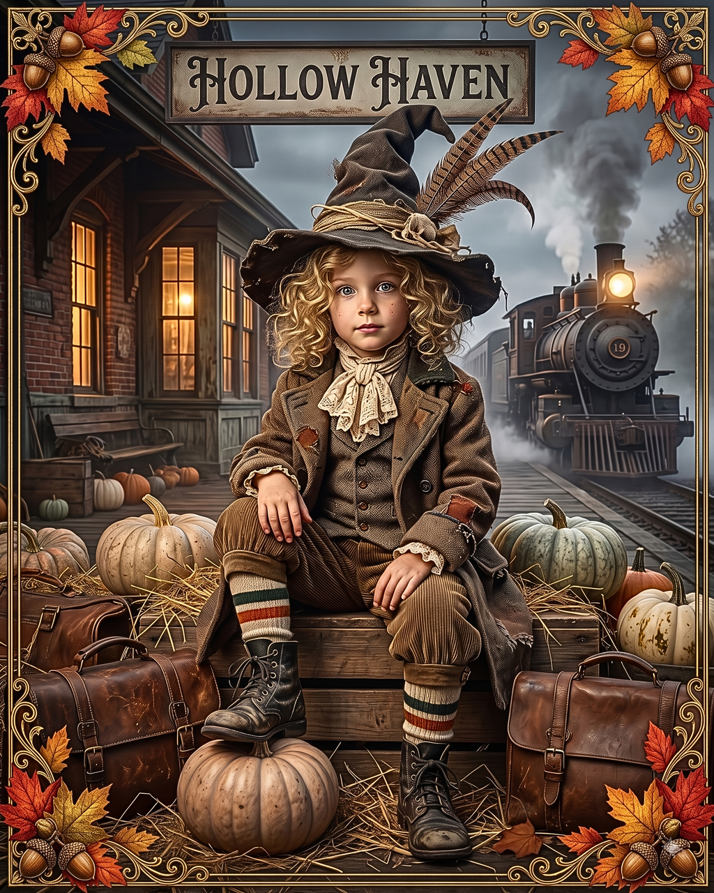 Vintage Halloween Traveler Child Design | Gothic Fall Graphic | 1900 "Hollow Haven" Train Station | Whimsical Witch Décor (Digital Product)