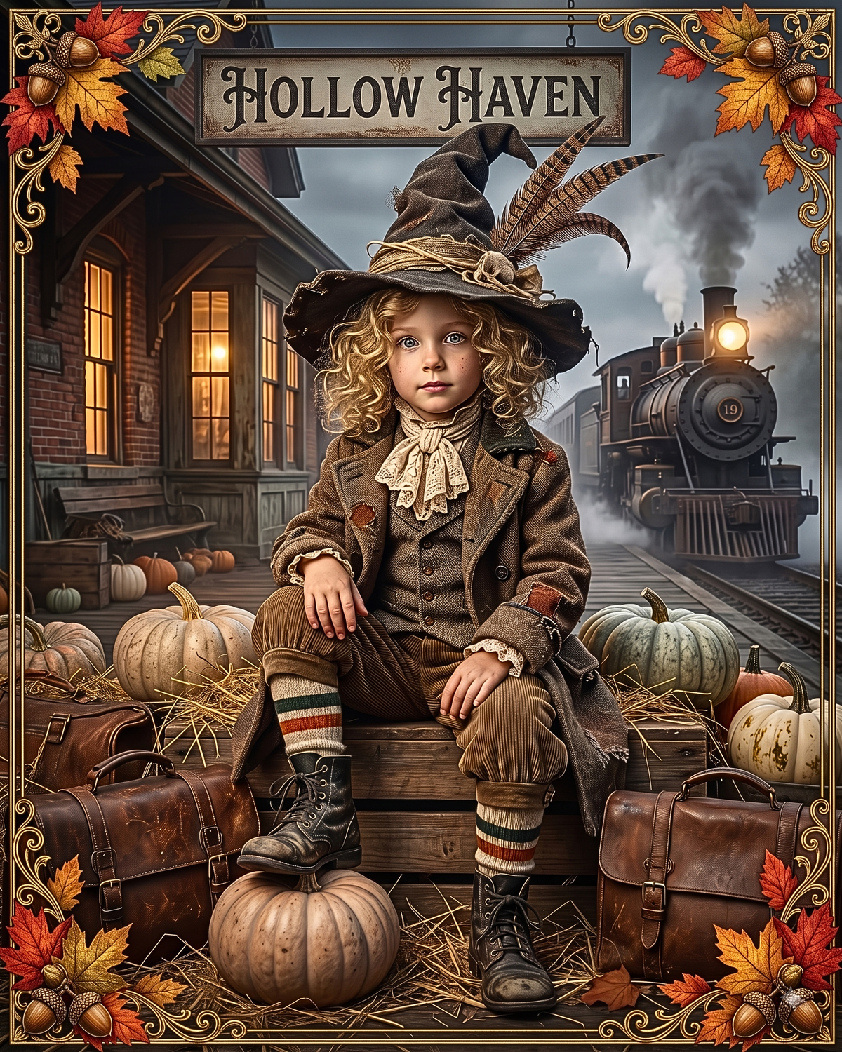 Vintage Halloween Traveler Child Design | Gothic Fall Graphic | 1900 "Hollow Haven" Train Station | Whimsical Witch Décor (Digital Product)