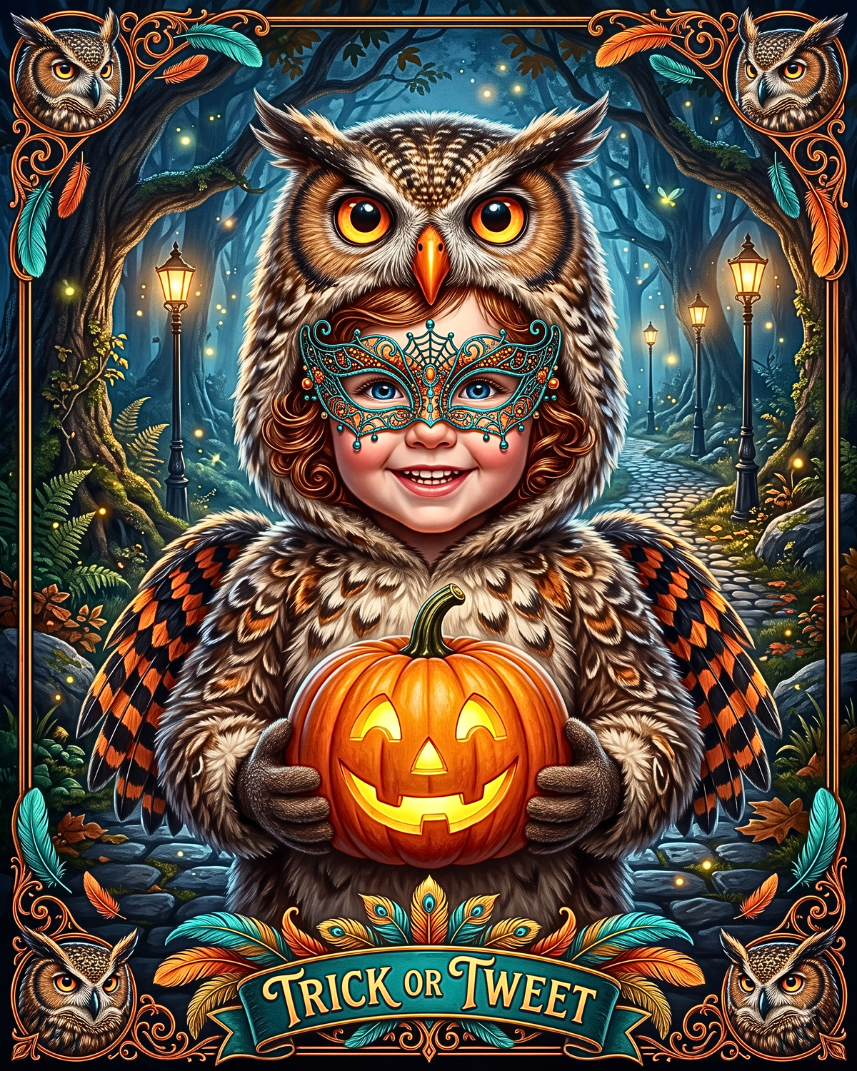 Whimsical "Trick or Tweet" Halloween | Adorable Child Owl Costume with Jack-O-Lantern | Vintage Autumn Night Family Activity (Digital Product)