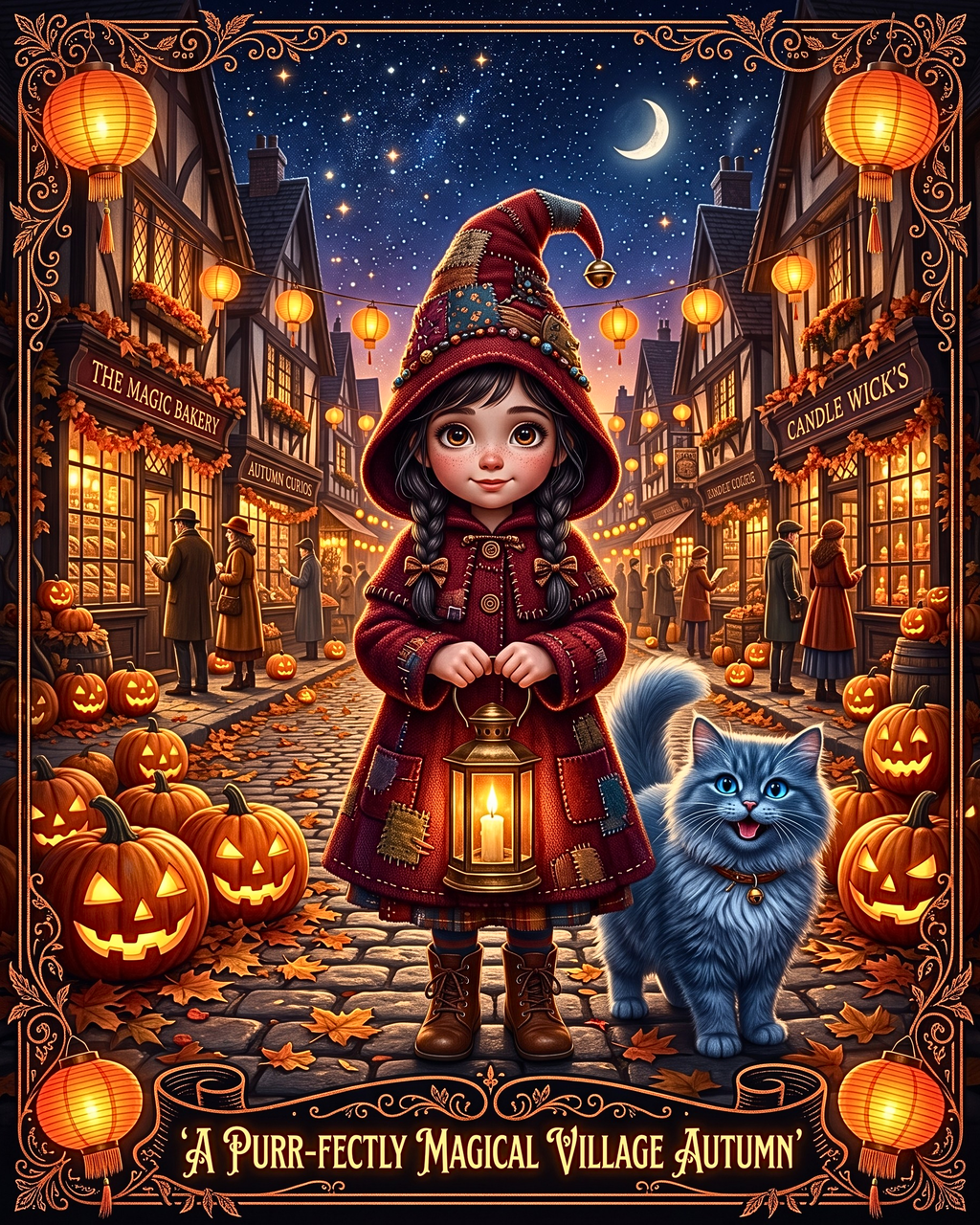 Whimsical Halloween | Purr-fectly Magical Autumn Village | Young Witch Girl and Blue Cat | Cozy Fall Jack-o'-Lantern (Digital Product)