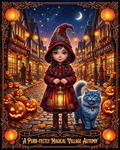 Whimsical Halloween | Purr-fectly Magical Autumn Village | Young Witch Girl and Blue Cat | Cozy Fall Jack-o'-Lantern (Digital Product)