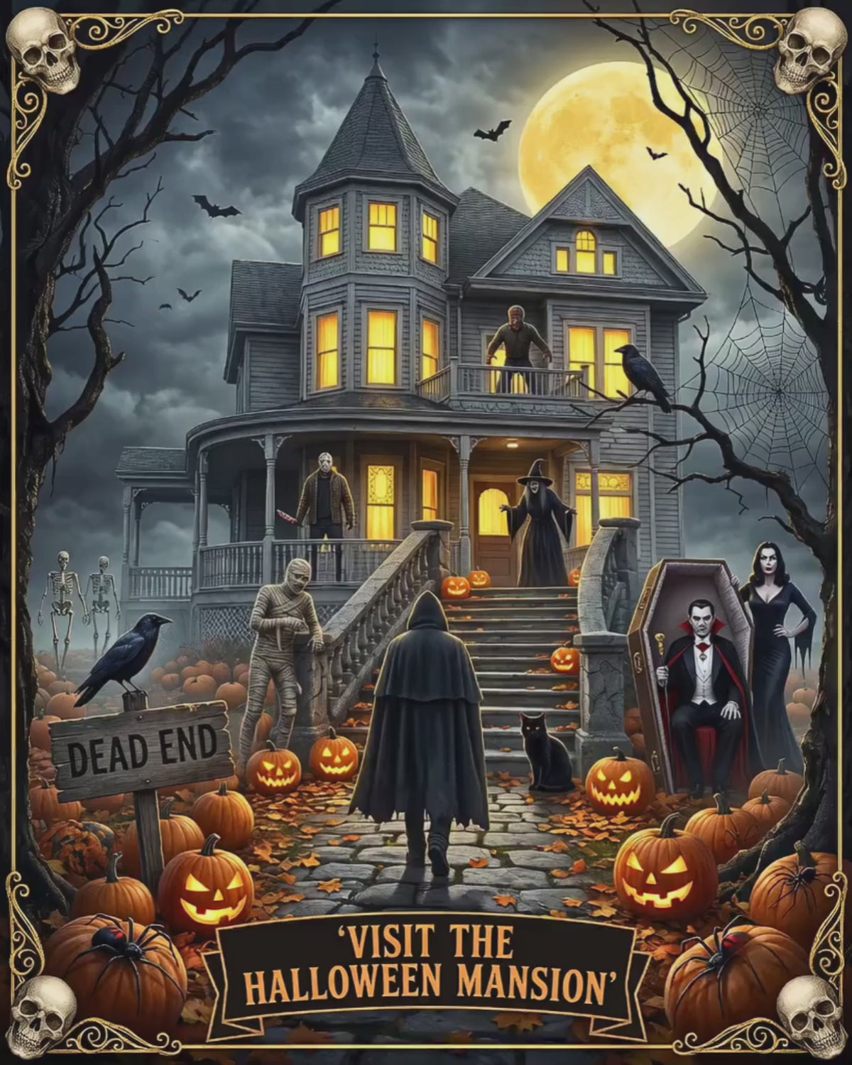 Halloween Mansion Art | Faux Stained-Glass Jigsaw Puzzle | Gothic Victorian Haunted House | Spooky Charcters, Count Dracula, Witch & Mummy