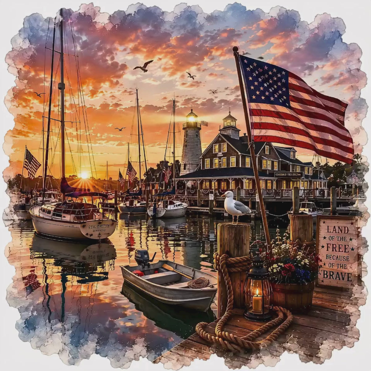 Patriotic Harbor Sunset Watercolor| Matte Square Poster | Land of the Free Because of the Brave Design | Classic Lighthouse, American Flag