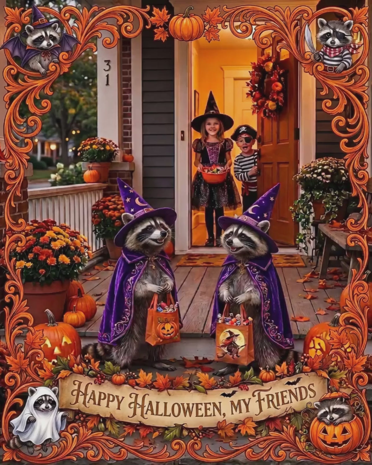 Happy Halloween, My Friends | Jigsaw Puzzle | Trick-or-Treat Costumed Raccoons | Autumn Spooky Fall Porch Art | Fall Gift for Kids & Adults