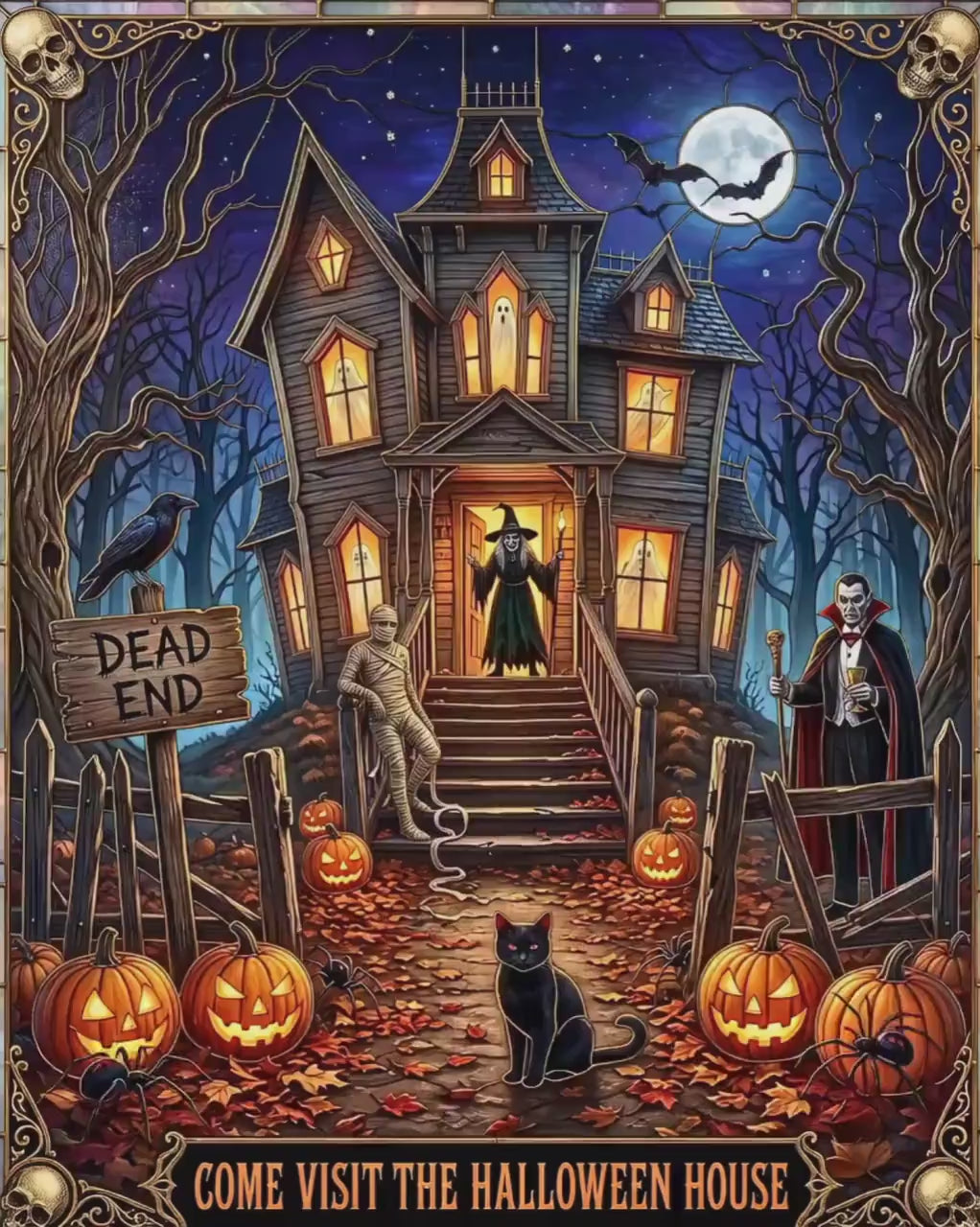 Come Visit The Halloween Haunted House | Faux Stained-Glass Jigsaw Puzzle| Spooky Witch, Mummy, Jack-o'-lanterns and Dracula | Bats, Spiders