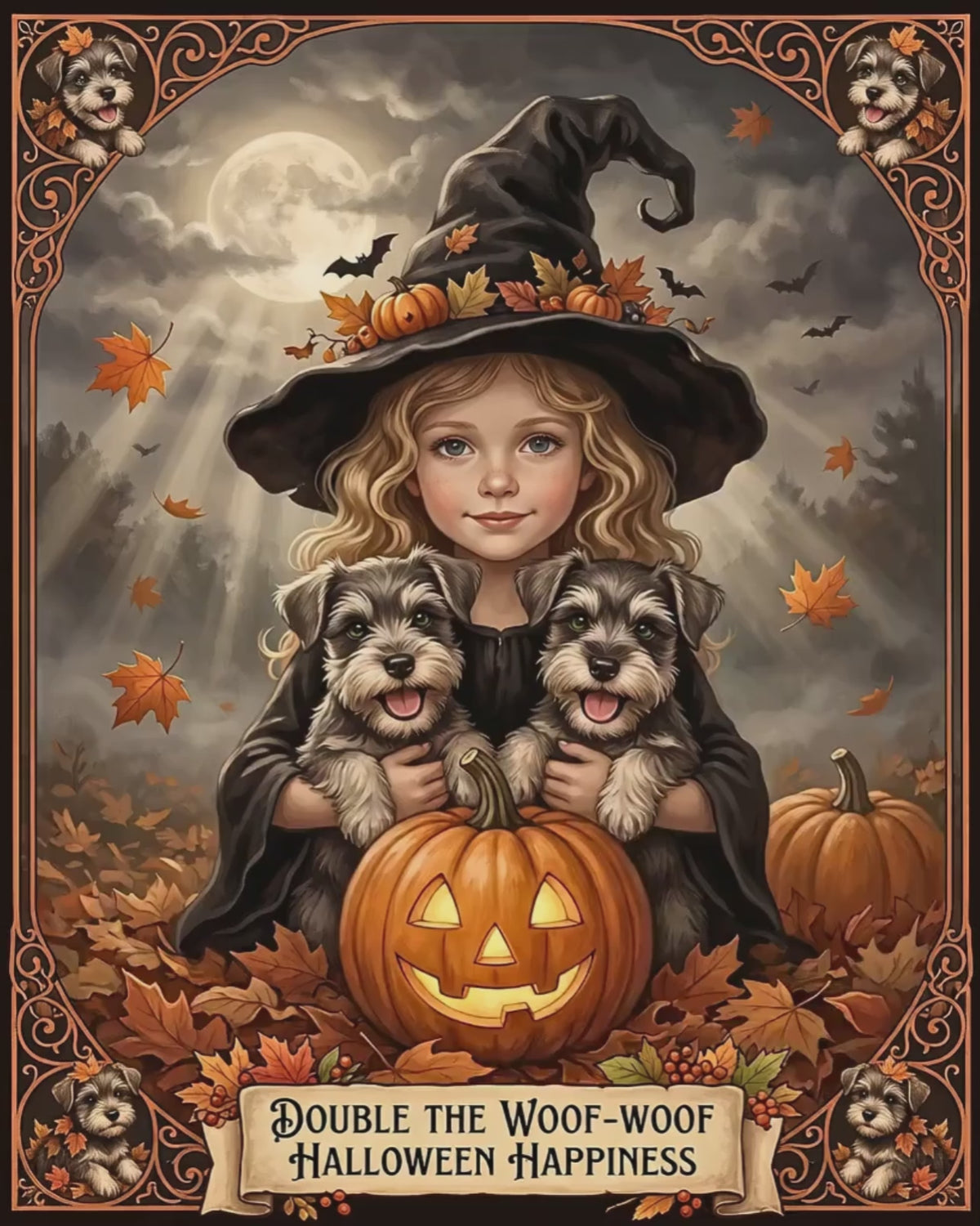 Woof-Woof Halloween Happiness | Witch Girl with Miniature Schnauzer Puppies | Silk Finish Poster | One Size 8" x 10"