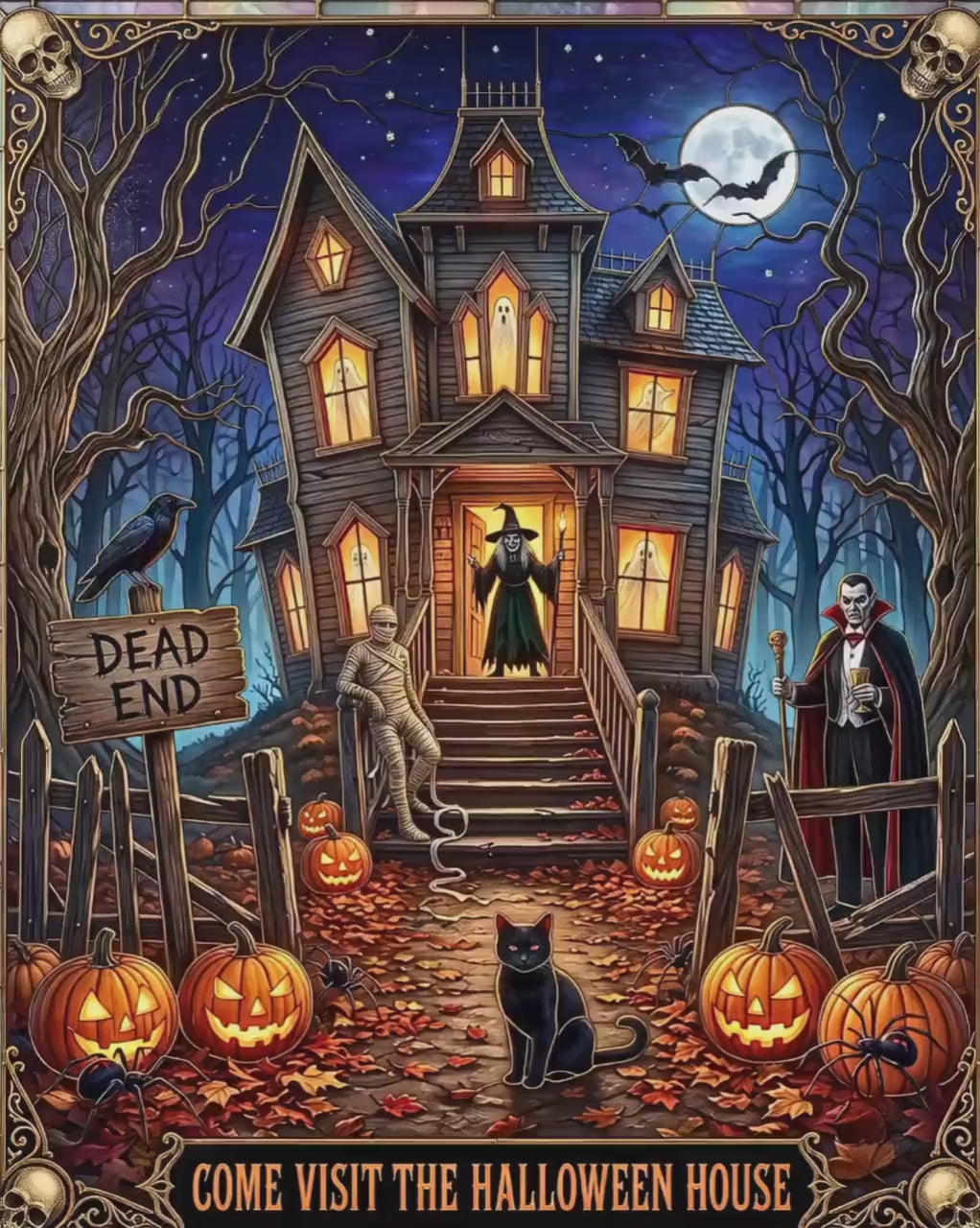 Come Visit The Halloween Haunted House | Faux Stained-Glass Jigsaw Puzzle| Spooky Witch, Mummy, Jack-o'-lanterns and Dracula | Bats, Spiders