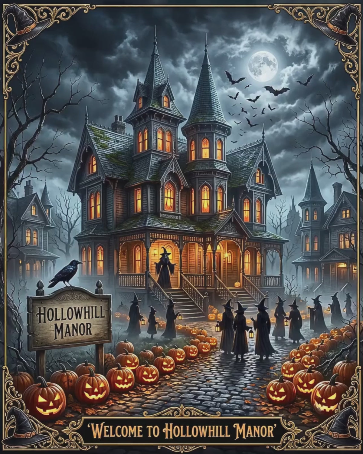 Hollowhill Manor Halloween Jigsaw Puzzle | Spooky Gothic Victorian Haunted Mansion | Witch Decor, Jack-O-Lanterns, Bats, Crows