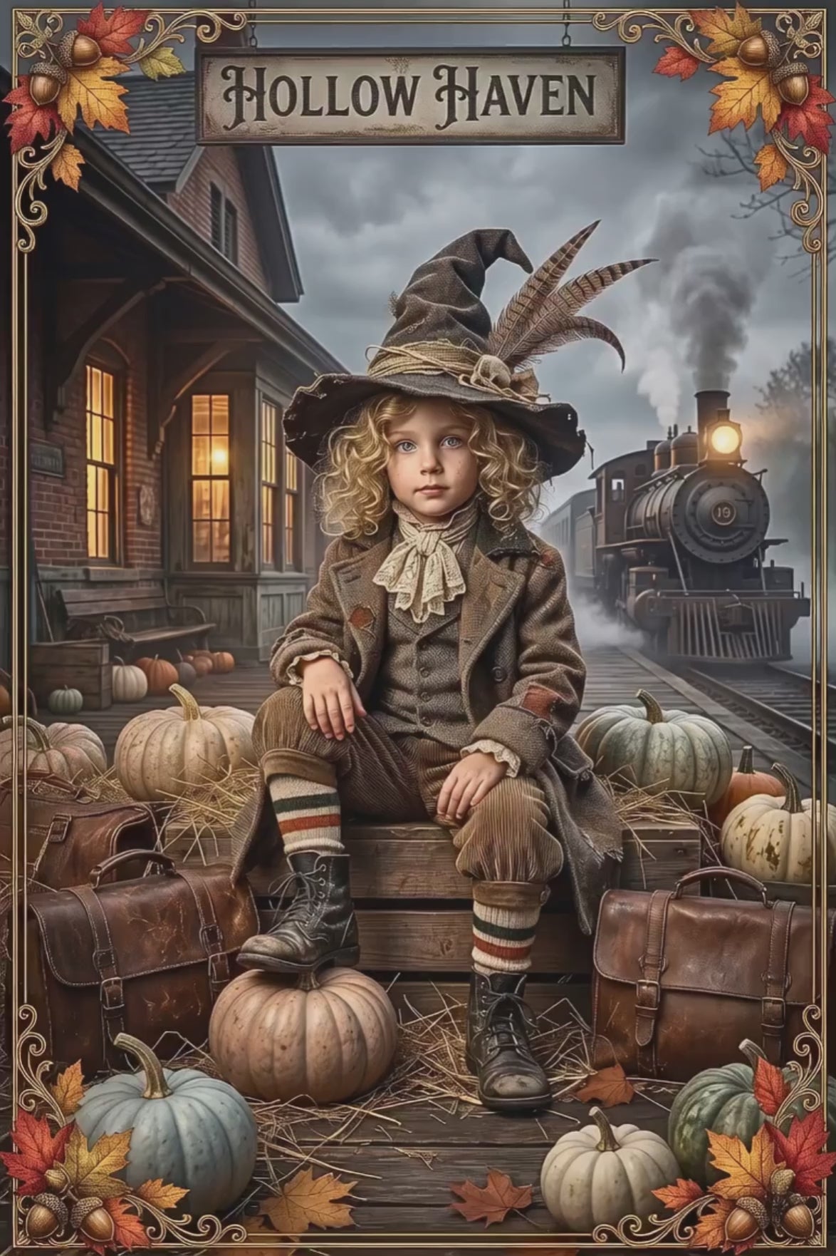 Vintage Halloween Traveler Child Design | Matte Poster | Gothic Fall Graphic | 1900 "Hollow Haven" Train Station | Whimsical Witch Decor