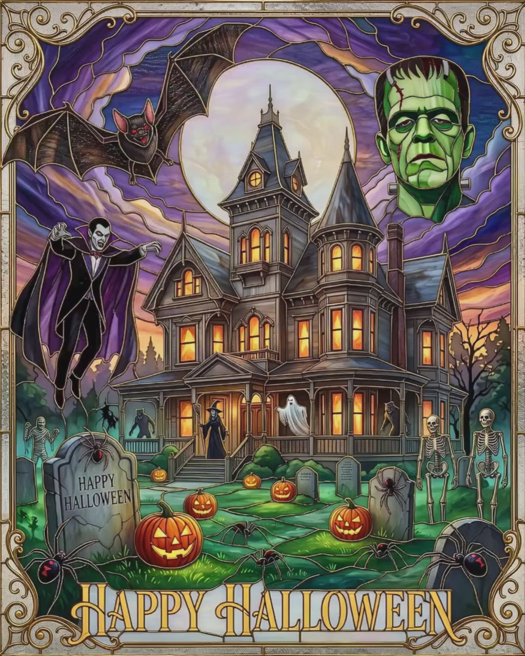 Vintage "Happy Halloween" Stained-Glass Jigsaw Puzzle | Classic Frankenstein & Vampire Monsters | Haunted Victorian Mansion