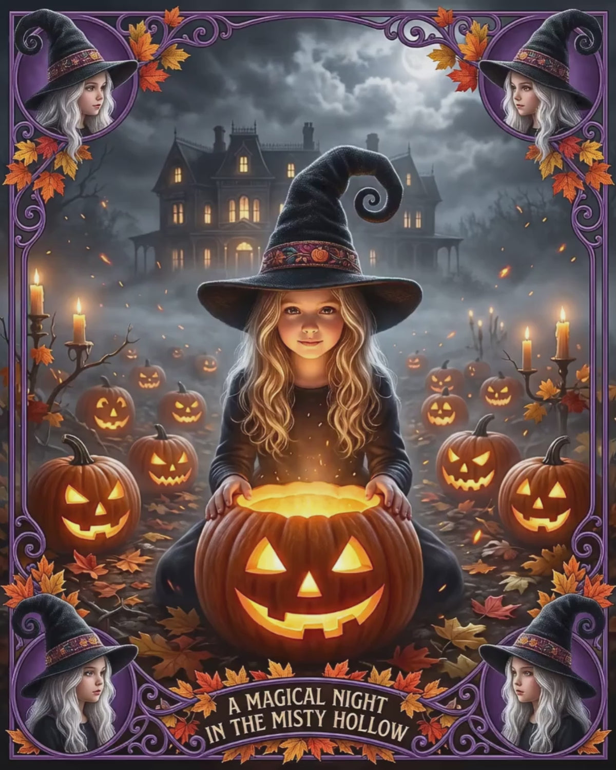 A Magical Night in the Misty Hollow | Silk-finish Poster | Cute Halloween Witch, Glowing Jack-o'-Lanterns | Fall Gift for Kids and Adults