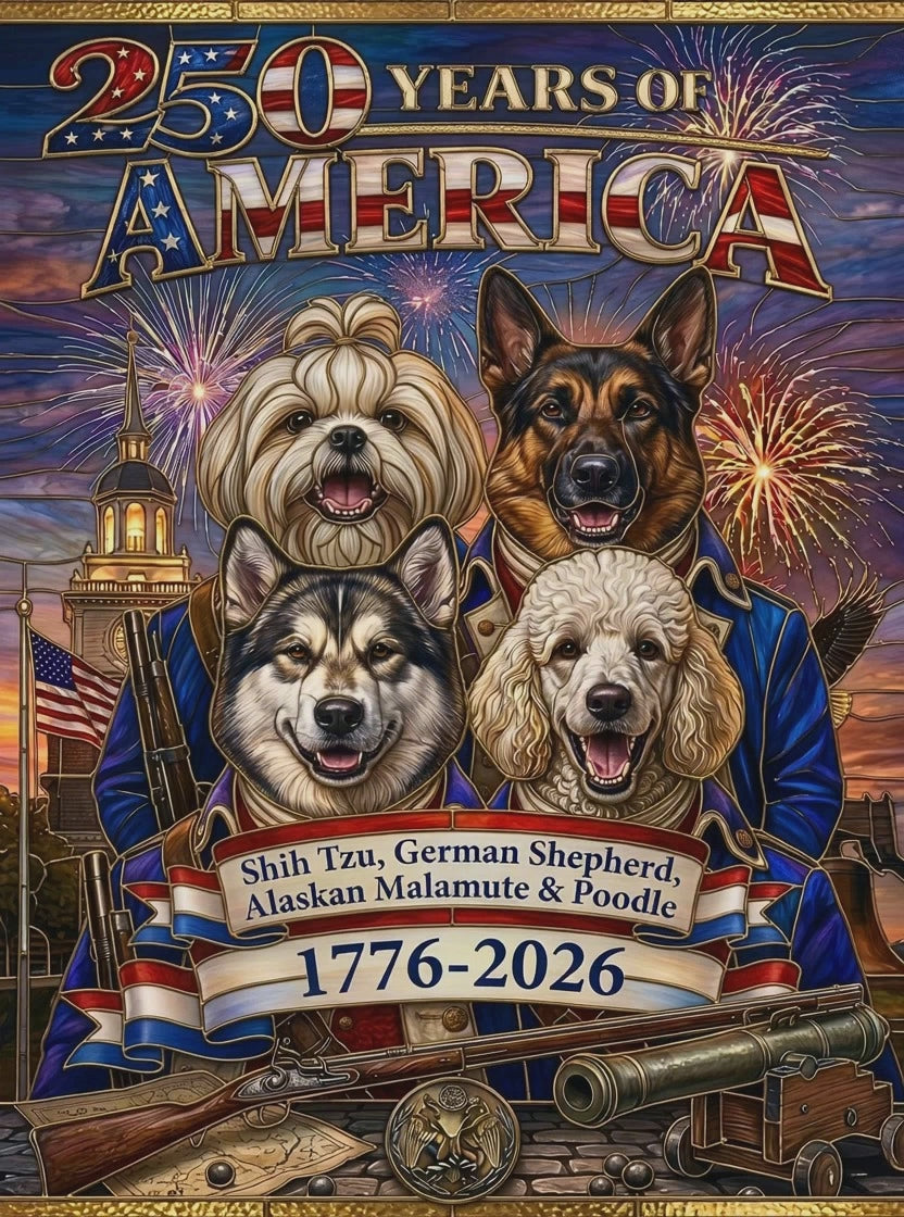 250 Years of America 1776-2026 - Four Patriotic K9's | Faux Stained Glass Jigsaw Puzzle | Shih Tzu, German Shepherd, Alaskan Malamute & Poodle
