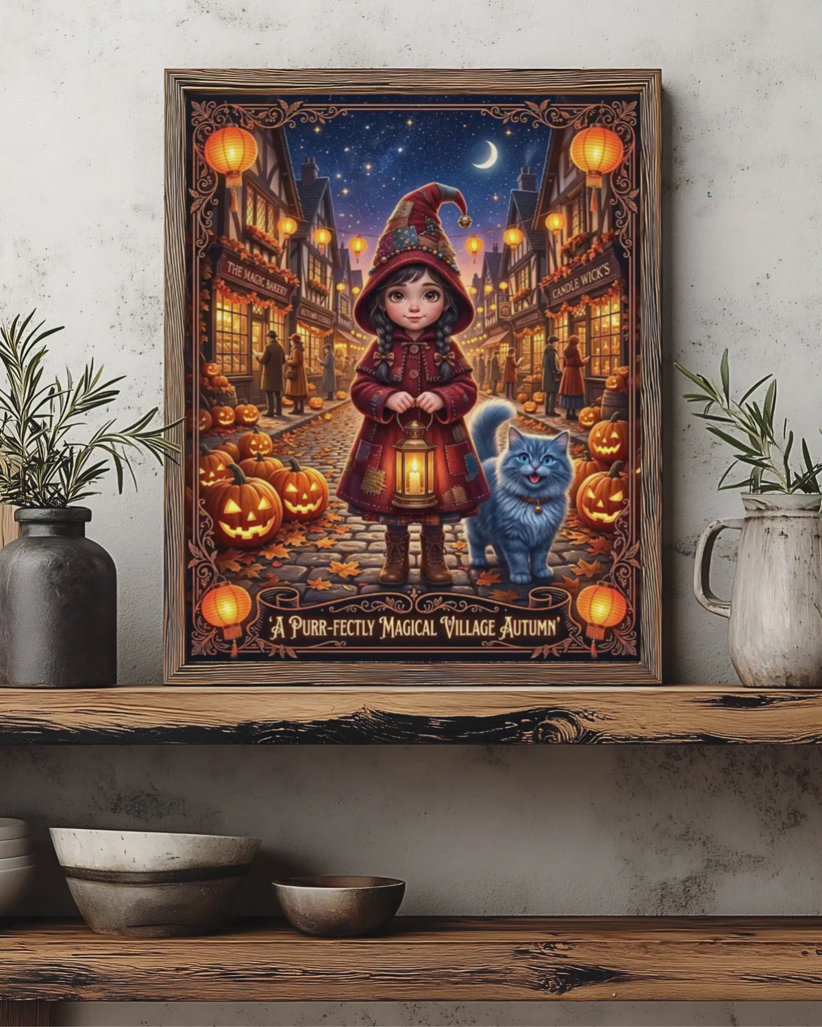 Whimsical Halloween | Purr-fectly Magical Autumn Village | Young Witch Girl and Blue Cat | Cozy Fall Jack-o'-Lantern (Digital Product)