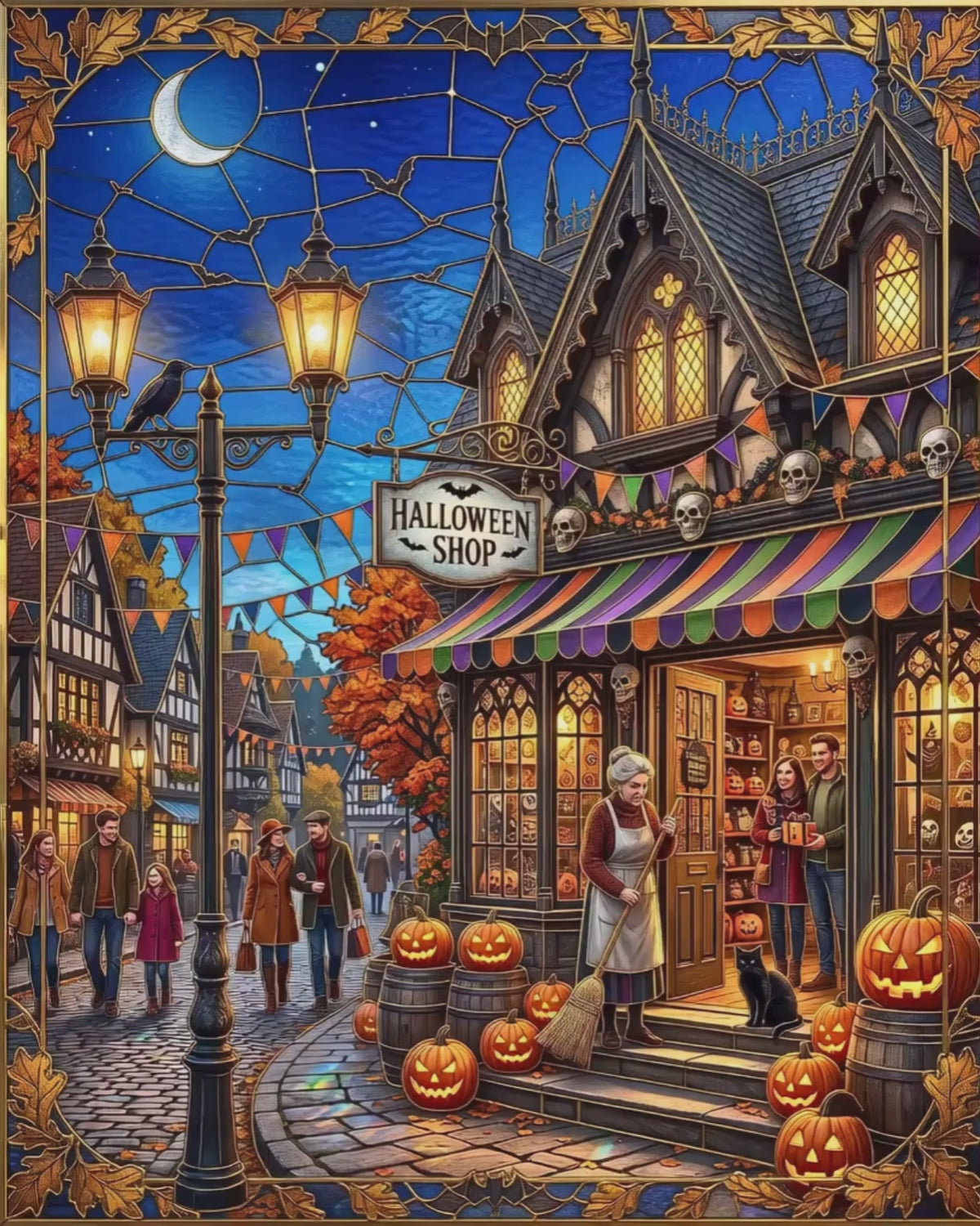 Magical Halloween Shop | Faux Stained-Glass Jigsaw Puzzle | Gothic Autumn Town | Whimsical Spooky Village Street Scene | Black Cat, Pumpkins