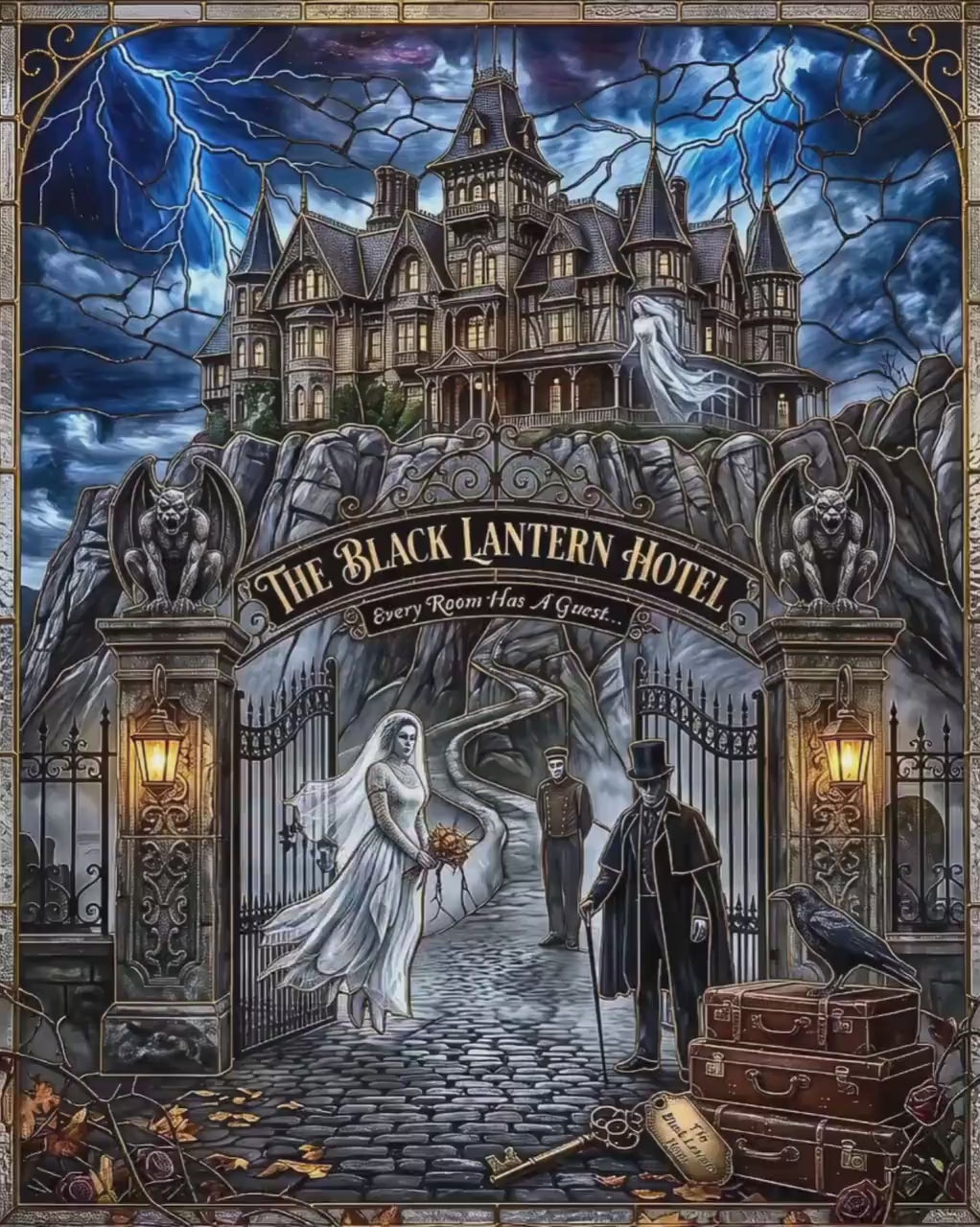 Halloween Haunted House | Faux Stained-Glass Jigsaw Puzzle | Haunted Hotel Gothic Mansion Art | Creepy Ghost Bride, Gargoyles and Crow