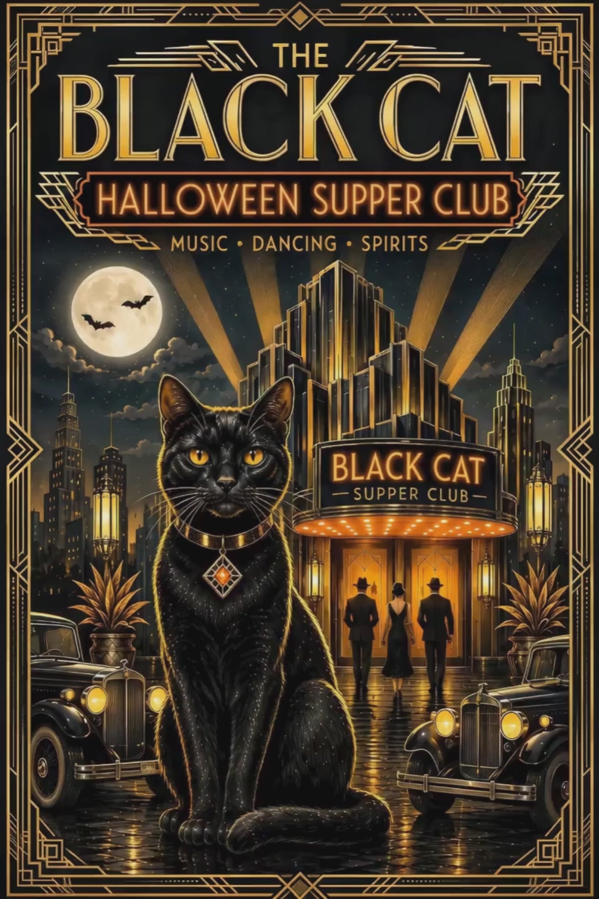 "The Black Cat" Art Deco Speakeasy Poster | Vintage “Halloween Supper Club” Art Print | Gatsby-Inspired Roaring 20s Decor | 3 sizes
