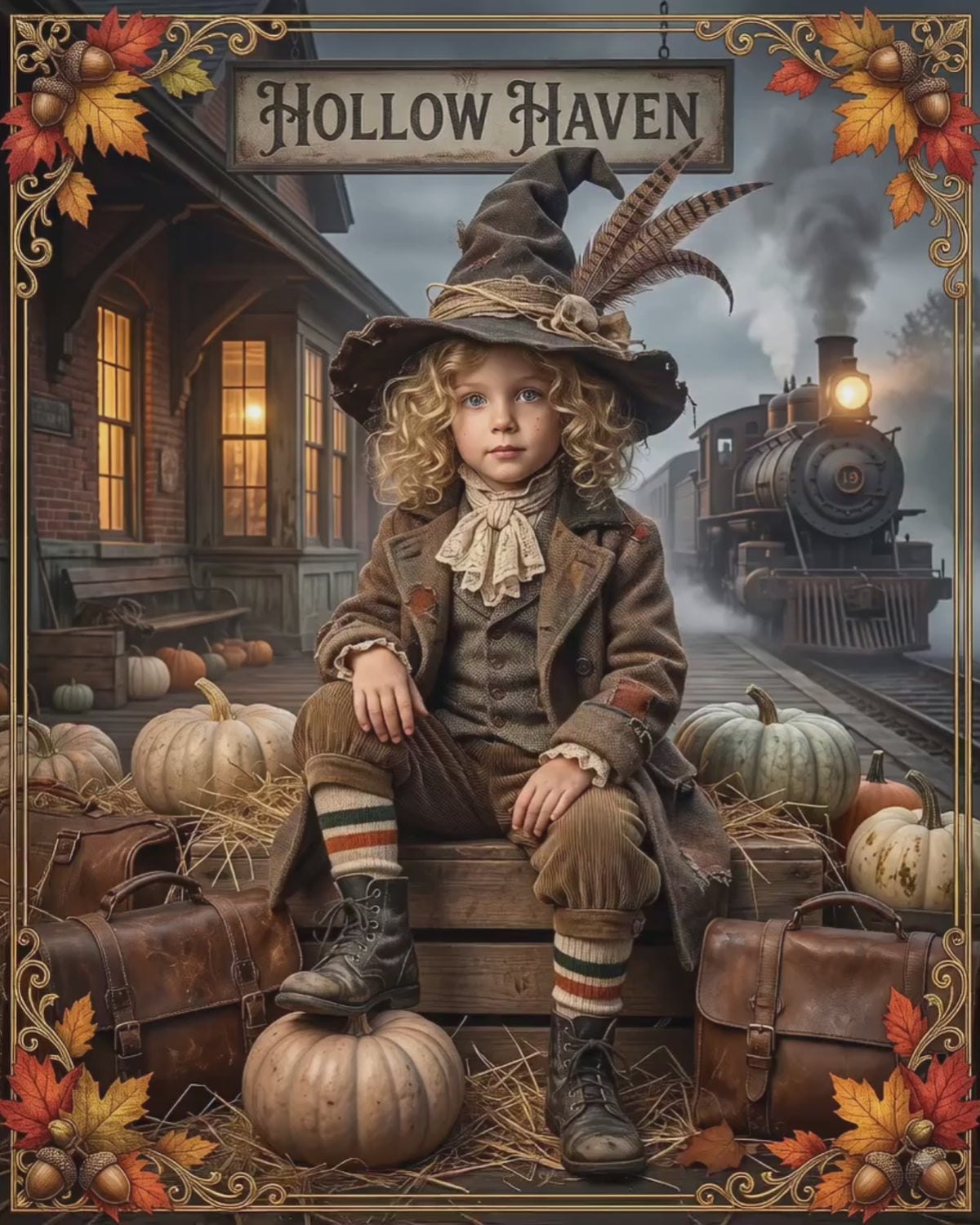 Vintage Halloween Child Traveler | Silk-finish Poster | Whimsical Gothic Autumn Design | 'Hollow Haven' Train Station | Luggage and Pumpkins