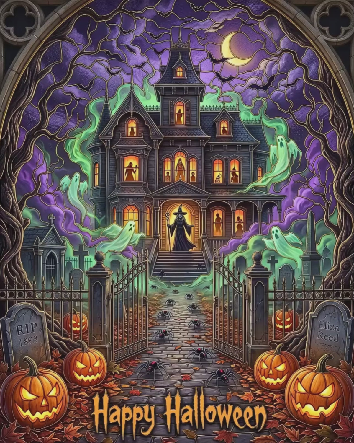 Spooky Haunted House Halloween Art | Stained-Glass Jigsaw Puzzle |  Victorian Mansion Art | Spooky Graveyard Witch Print | Jack-o-Lantern