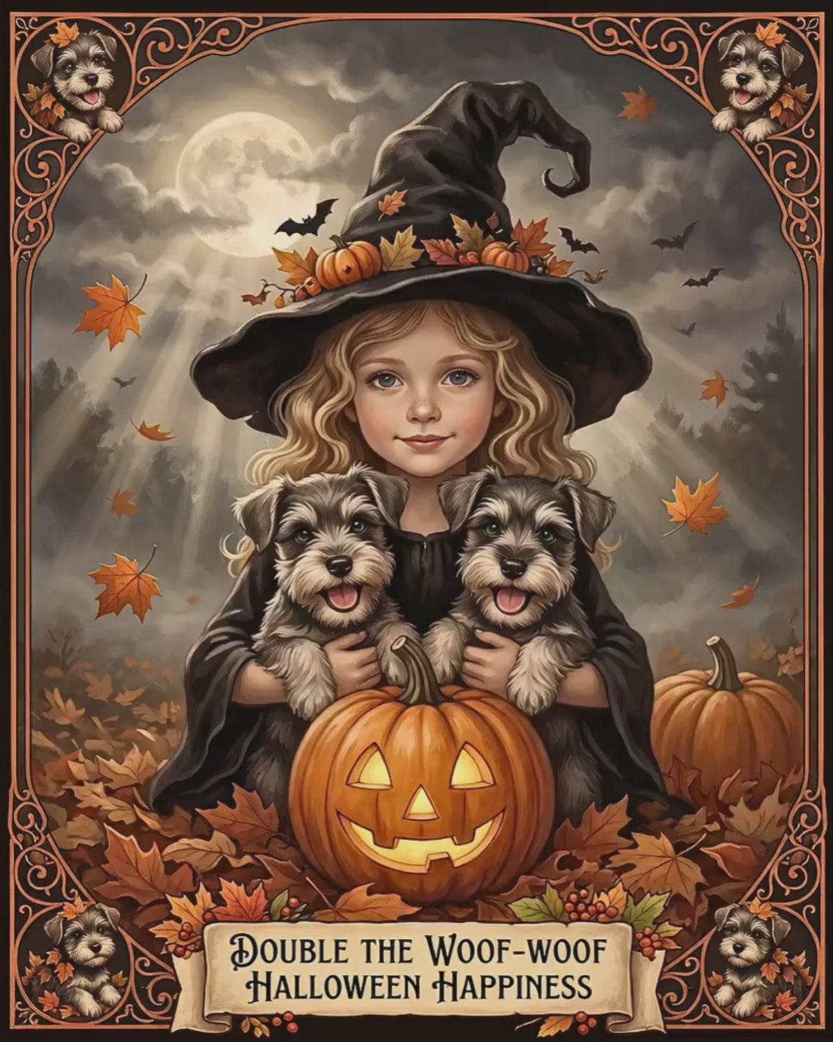 Woof-Woof Halloween Happiness | Witch Girl with Miniature Schnauzer Puppies | Silk Finish Poster | One Size 8" x 10"