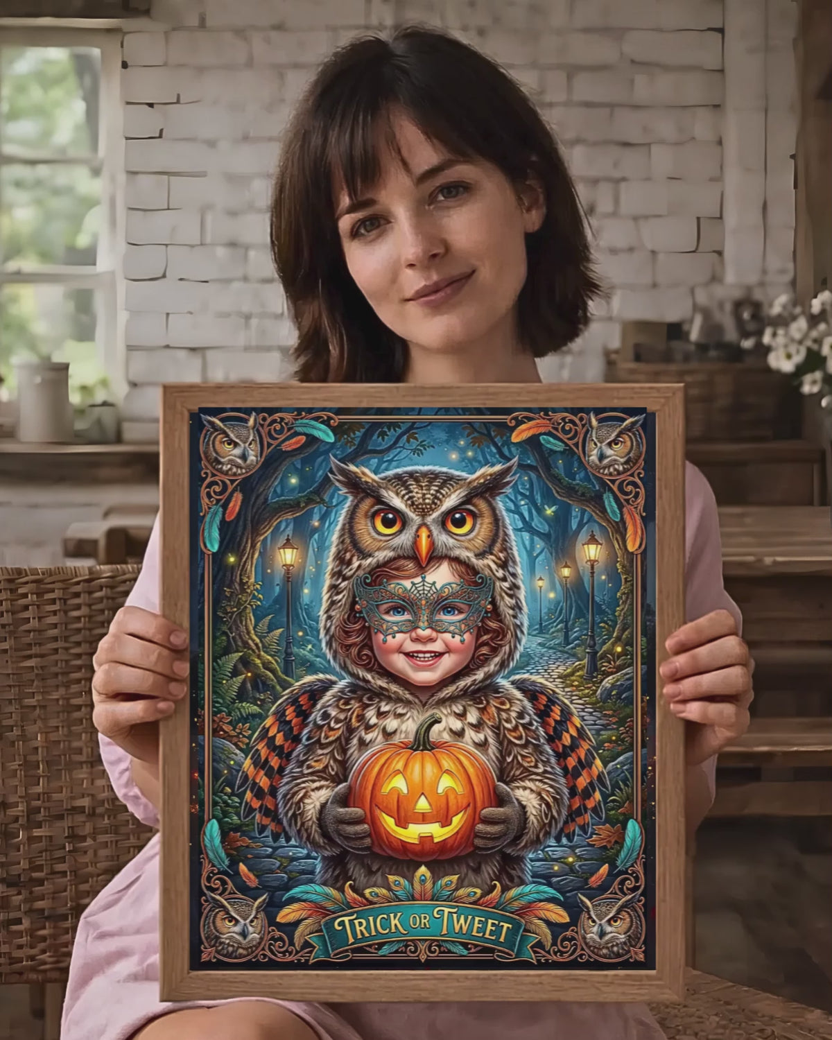 Whimsical "Trick or Tweet" Halloween | Adorable Child Owl Costume with Jack-O-Lantern | Vintage Autumn Night Family Activity (Digital Product)