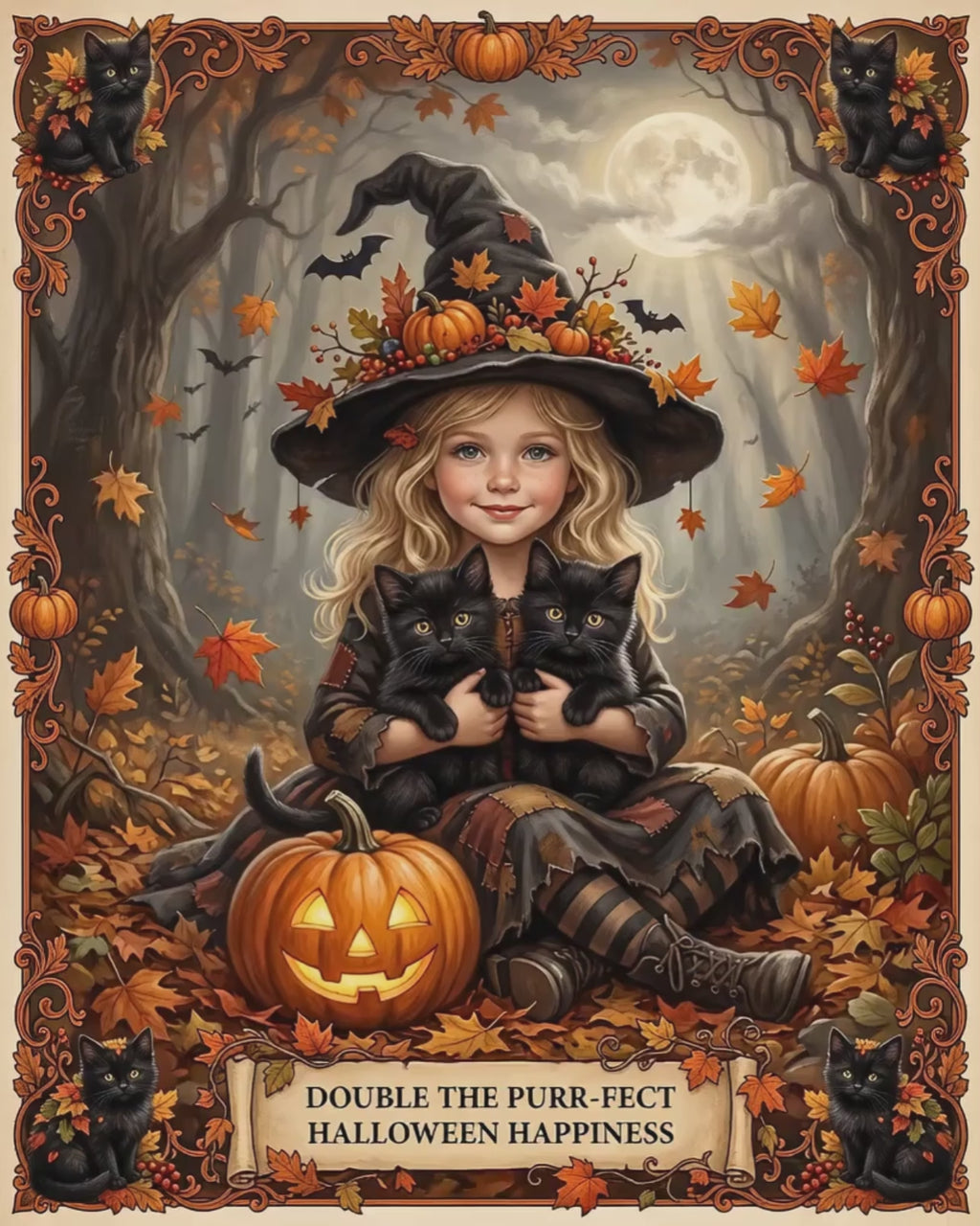Vintage Double the Purr-fect Halloween Jigsaw Puzzle | Young Blonde Witch, Black Kittens | Autumn Jack-o'-Lantern | Fall Leaves & Full Moon