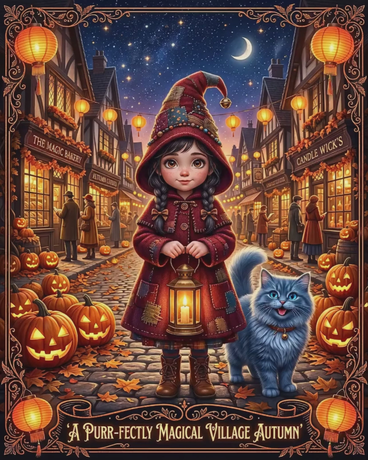Whimsical Halloween Jigsaw Puzzle | Purr-fectly Magical Autumn Village | Cute Girl and Blue Cat | Cozy Fall Jack-o'-Lantern Activity