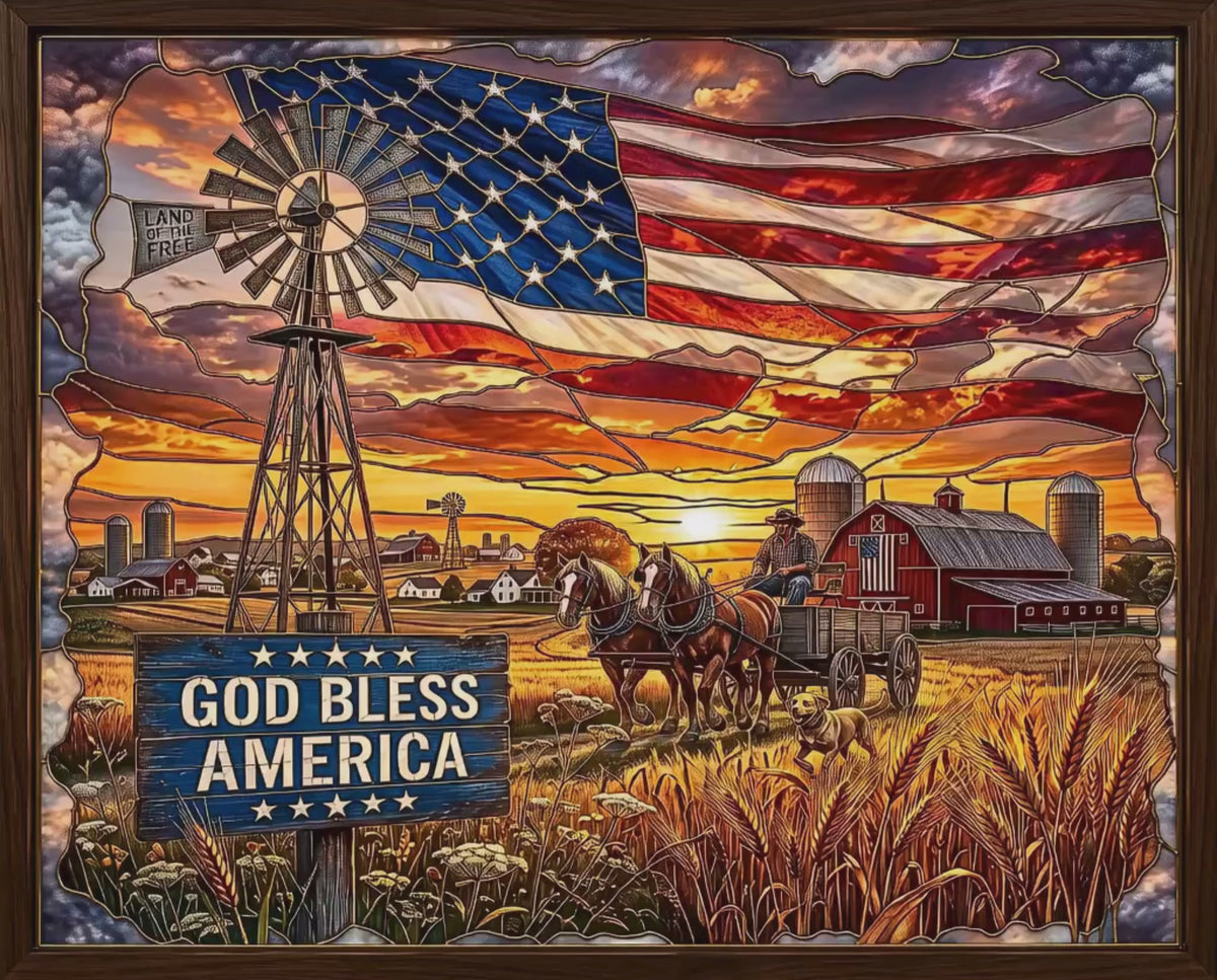 God Bless America Stained-Glass Jigsaw Puzzle | Rustic Country Farm | Sunset with Farmer, Windmill, Horses | Vintage Americana American Flag Gift