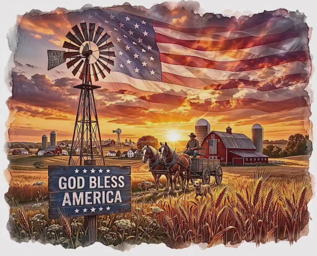 God Bless America Stained-Glass Jigsaw Puzzle | Rustic Country Farm | Sunset with Farmer, Windmill, Horses | Vintage Americana American Flag Gift
