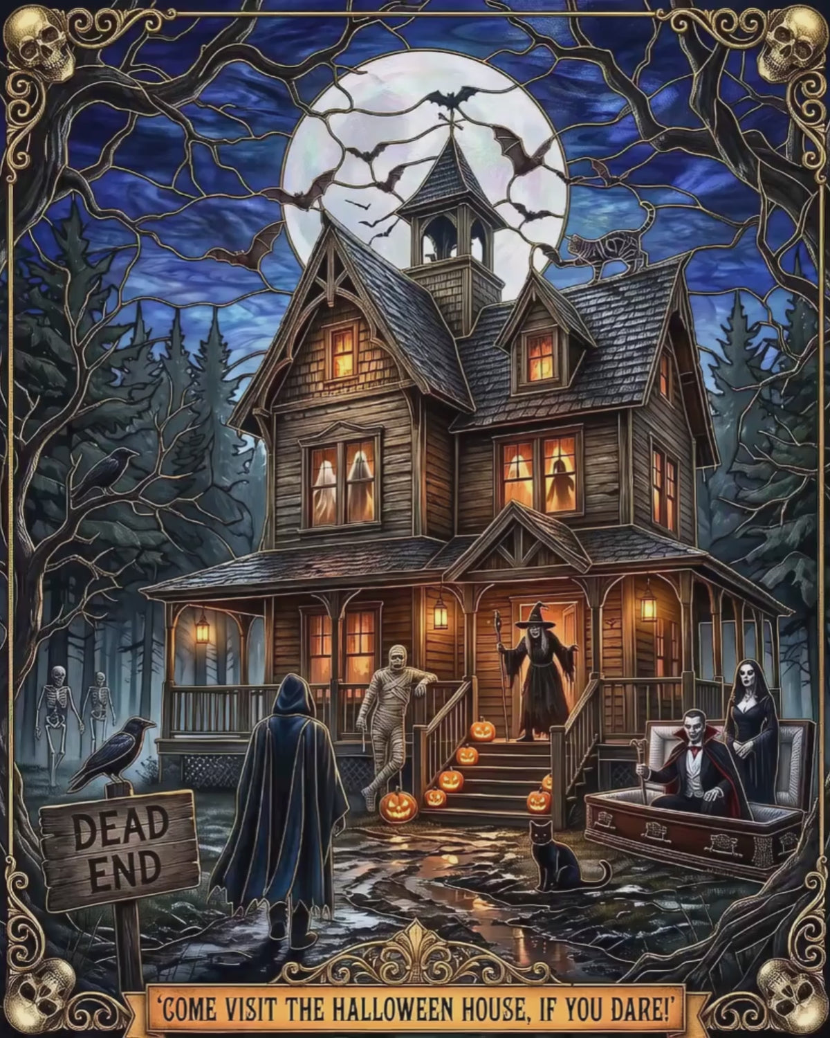 Vintage Haunted Halloween Mansion | Faux Stained-Glass Jigsaw Puzzle | Spooky Victorian Estate | Classic Monsters-Vampire, Mummy and Witch